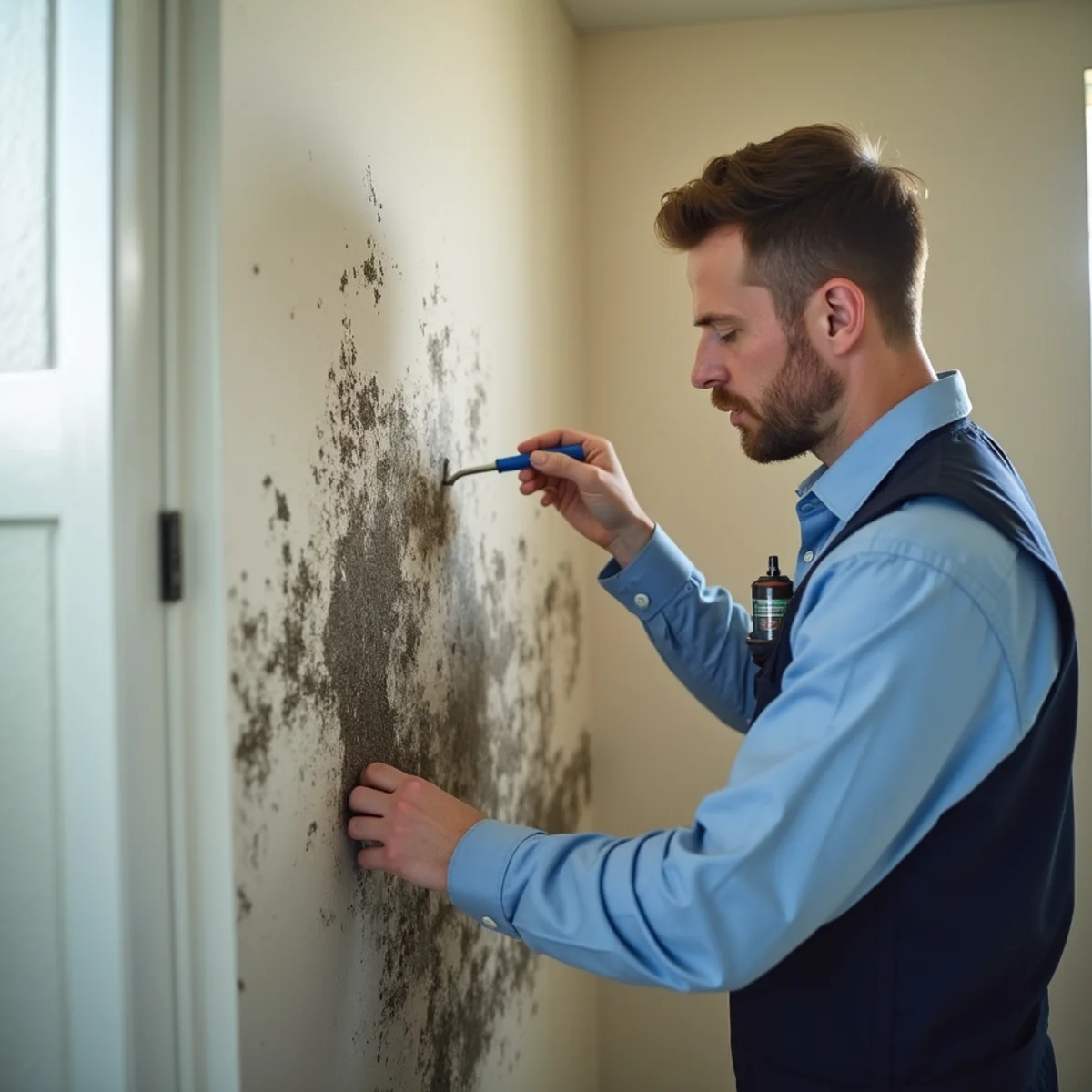 Close-up of mold growth on a bathroom wall being inspected by a technician