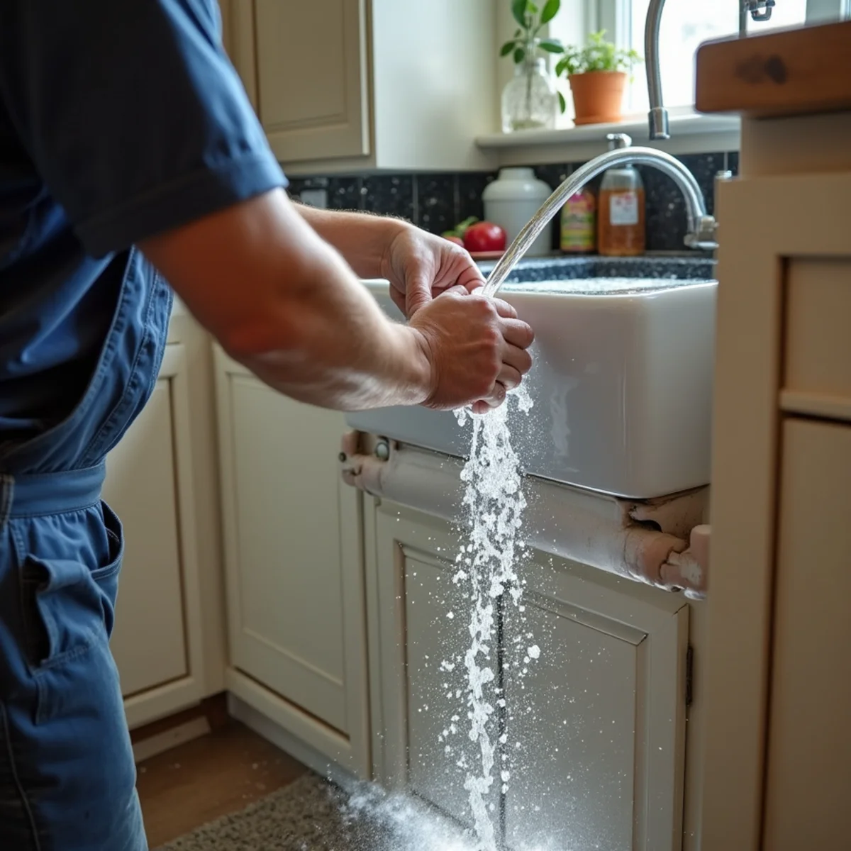 Water spraying from a burst copper pipe under a kitchen sink