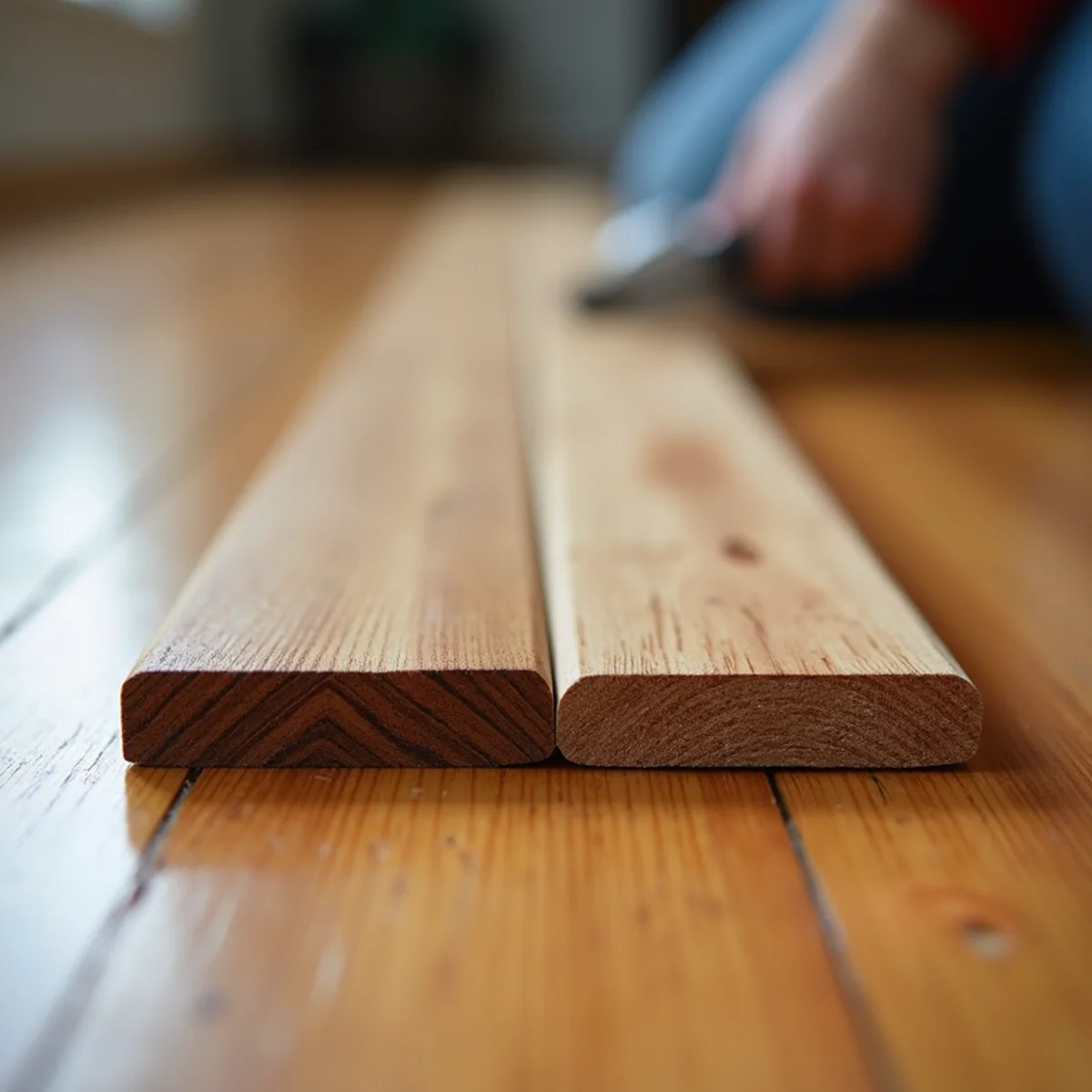 Comparison of a cupped hardwood board with raised edges and a crowned board with a raised center from water damage