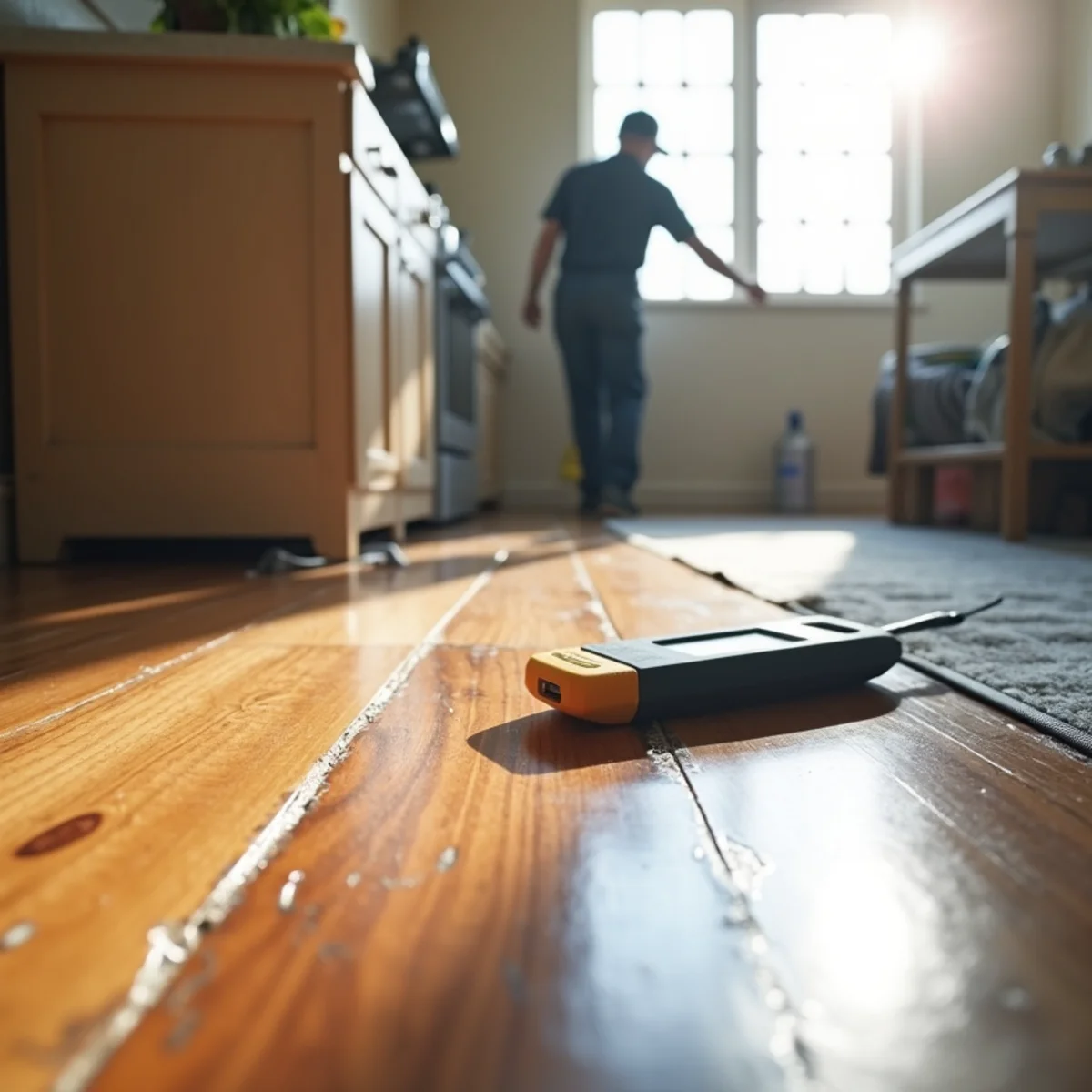 A cupped, water-damaged hardwood floor being dried in a Roseville home