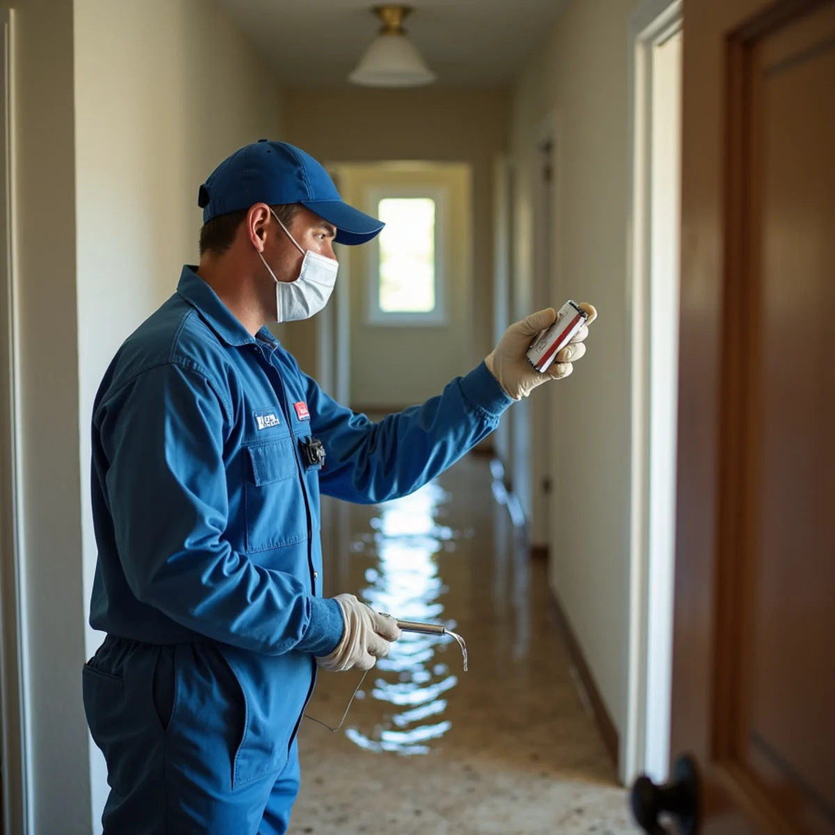Technician testing water contamination level in a flooded Rocklin home