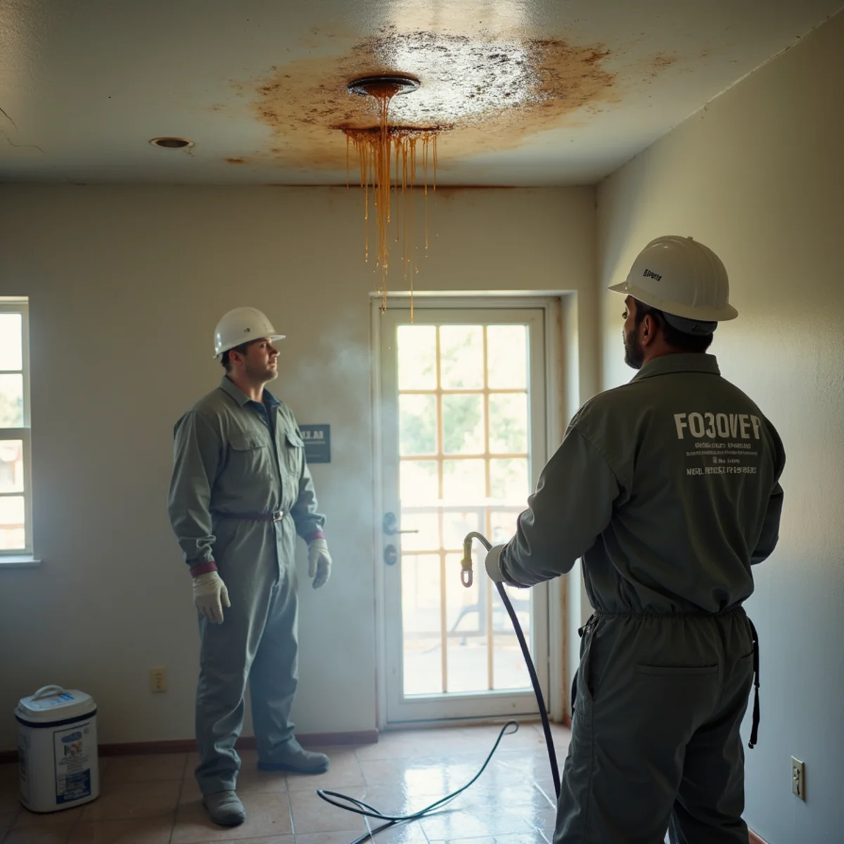 Water stain spreading and dripping from a ceiling during a rainstorm