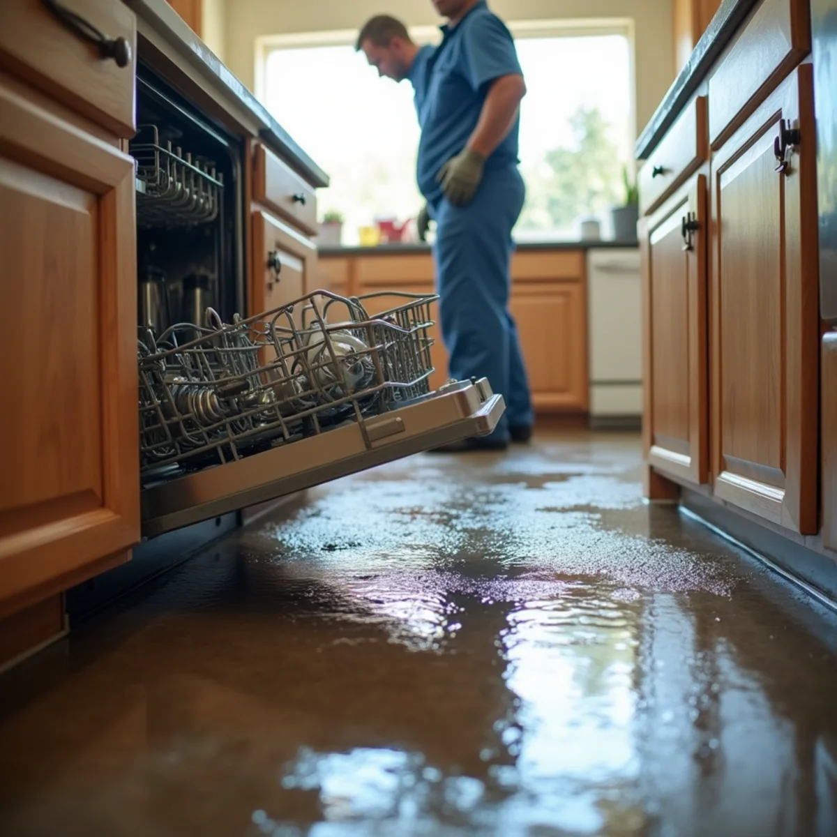Water pooled on a kitchen floor in front of an open dishwasher