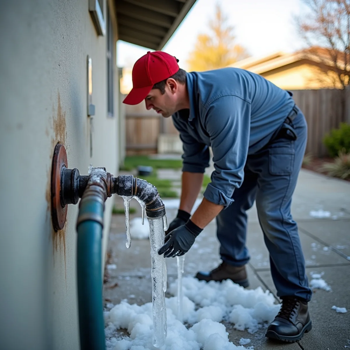 Frozen exterior hose bib and burst pipe damage in a Granite Bay home after an overnight cold snap