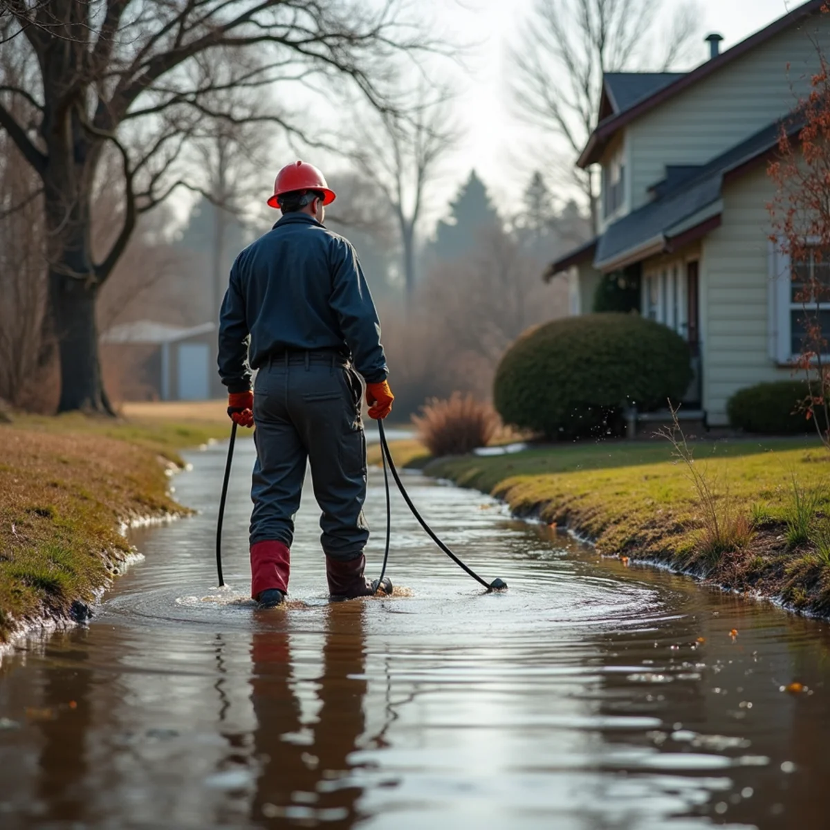 Flooded yard and creek water approaching a Placer County home during a winter storm
