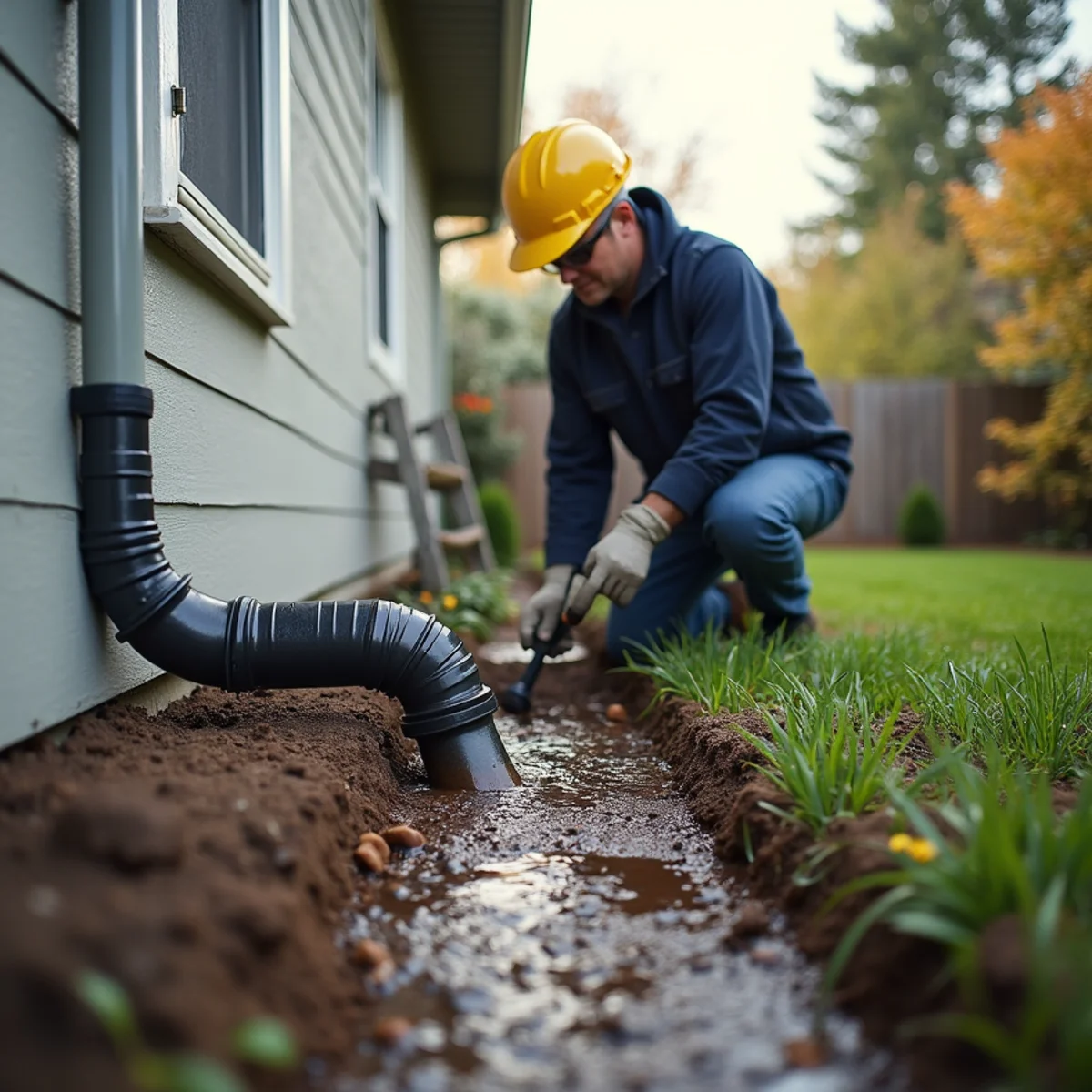Downspout extension directing rainwater away from a Placer County home's foundation