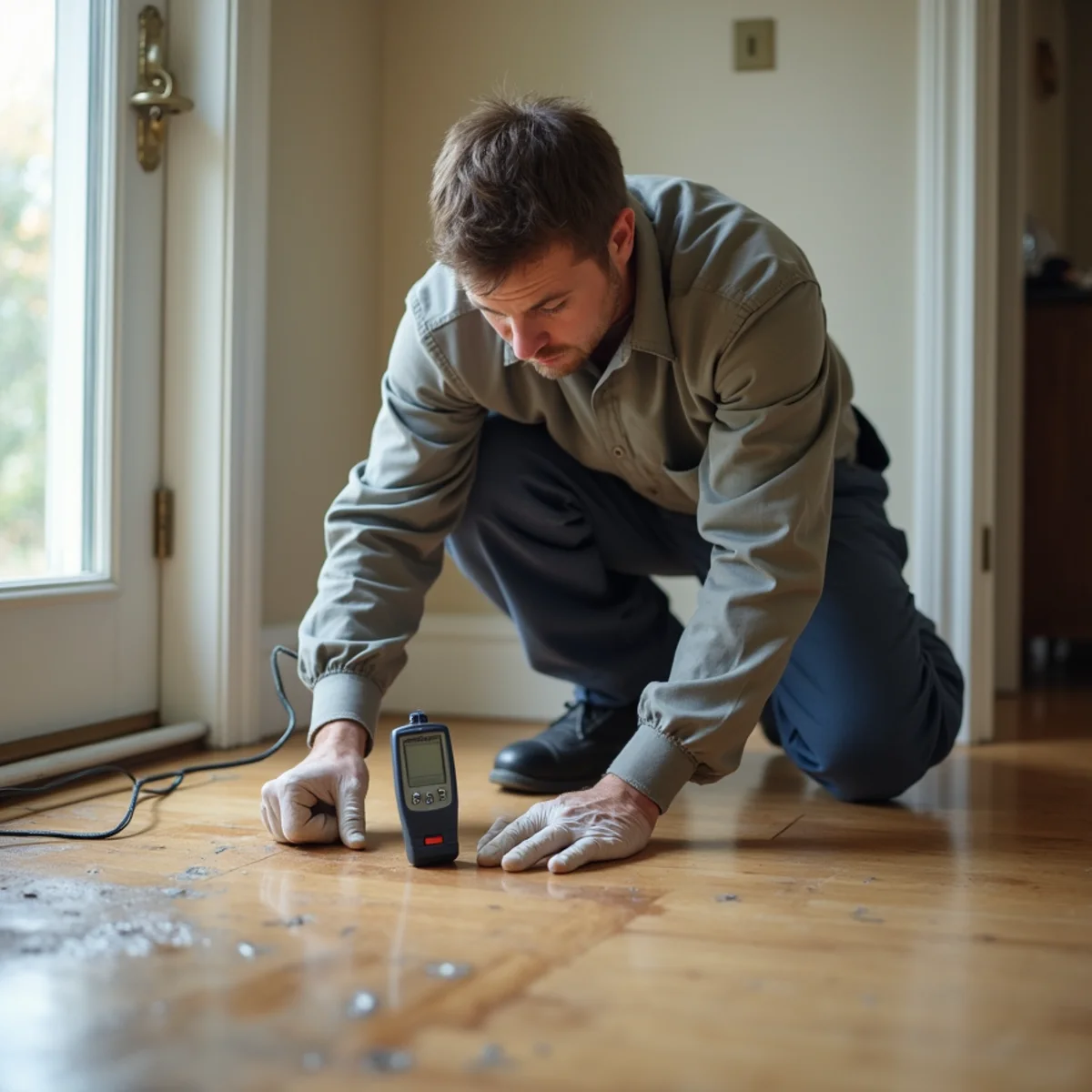 Technician using a moisture meter to check a floor for a hidden water leak