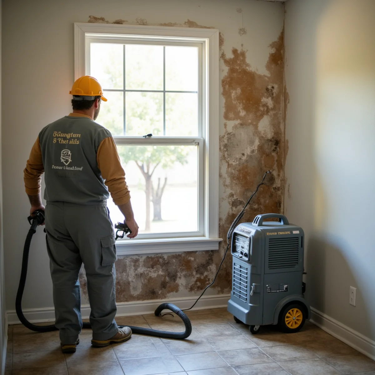 Dehumidifier and air mover drying a water-damaged wall to prevent mold growth