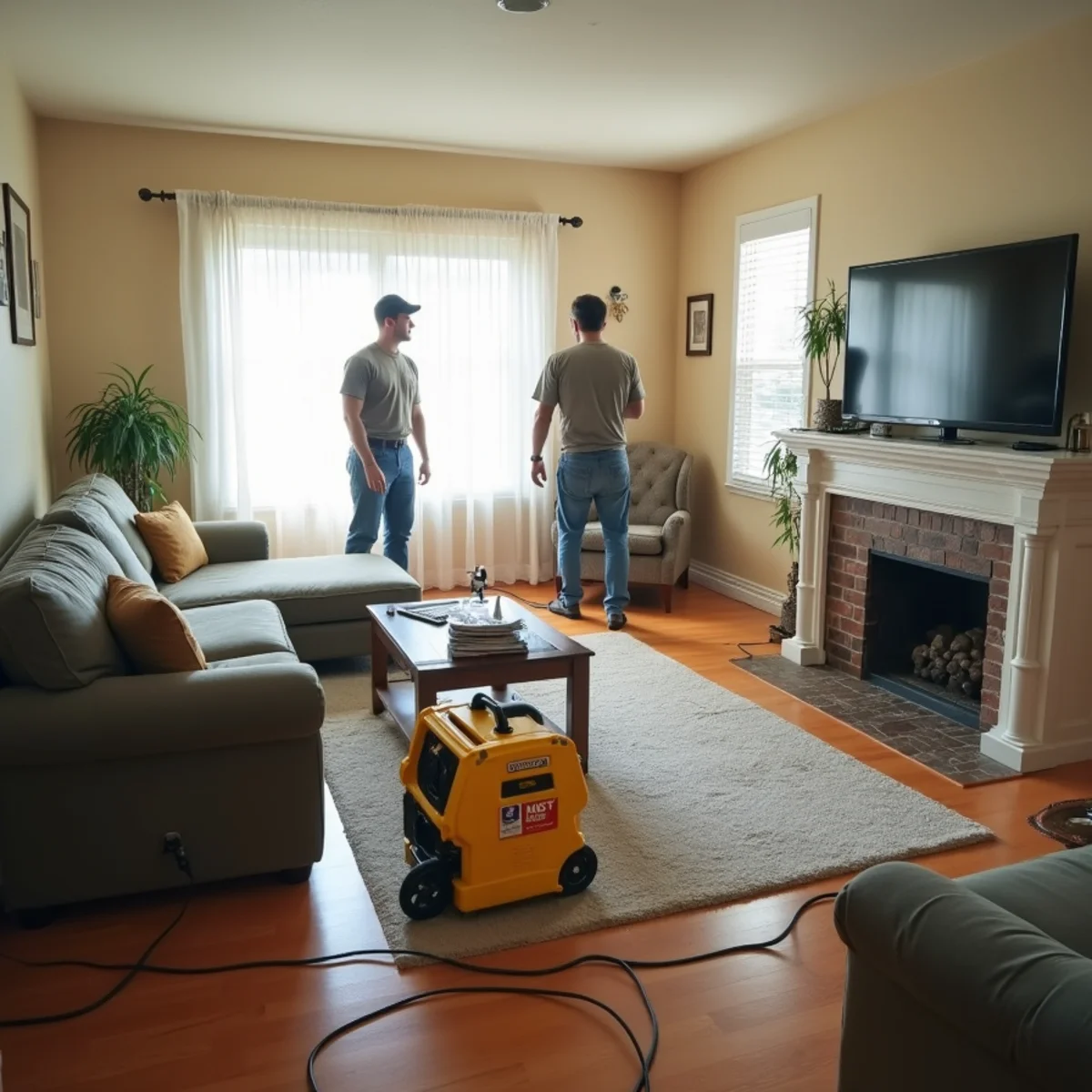 Air movers and a dehumidifier drying a water-damaged living room