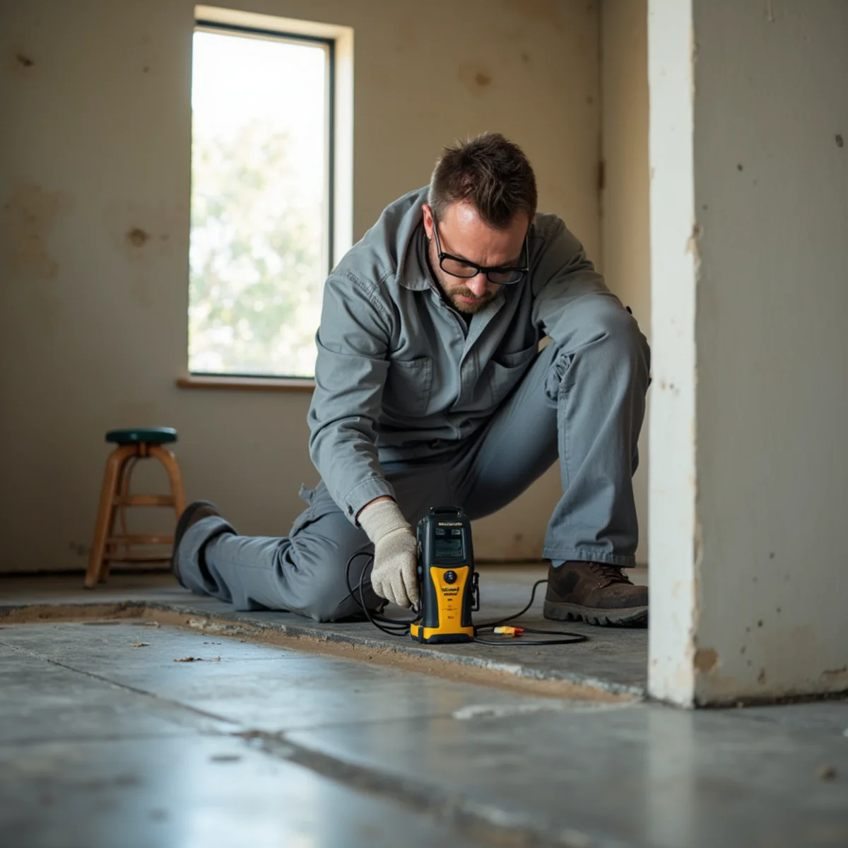 Technician using acoustic leak detection equipment on a concrete slab floor