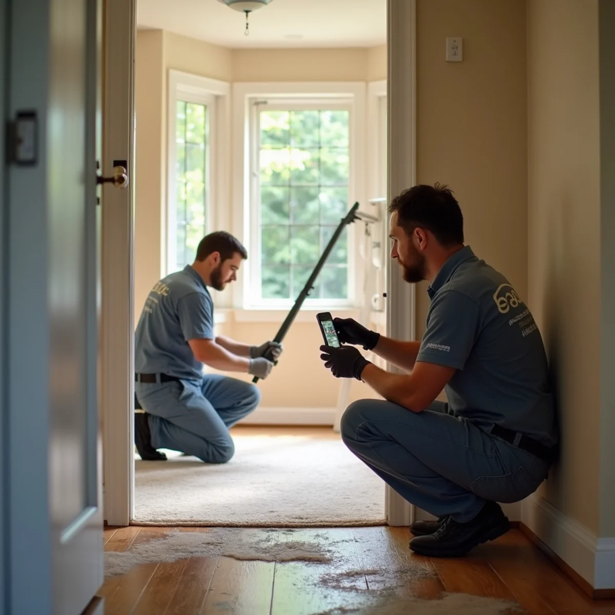 Homeowner photographing water-damaged flooring for an insurance claim in a Granite Bay home