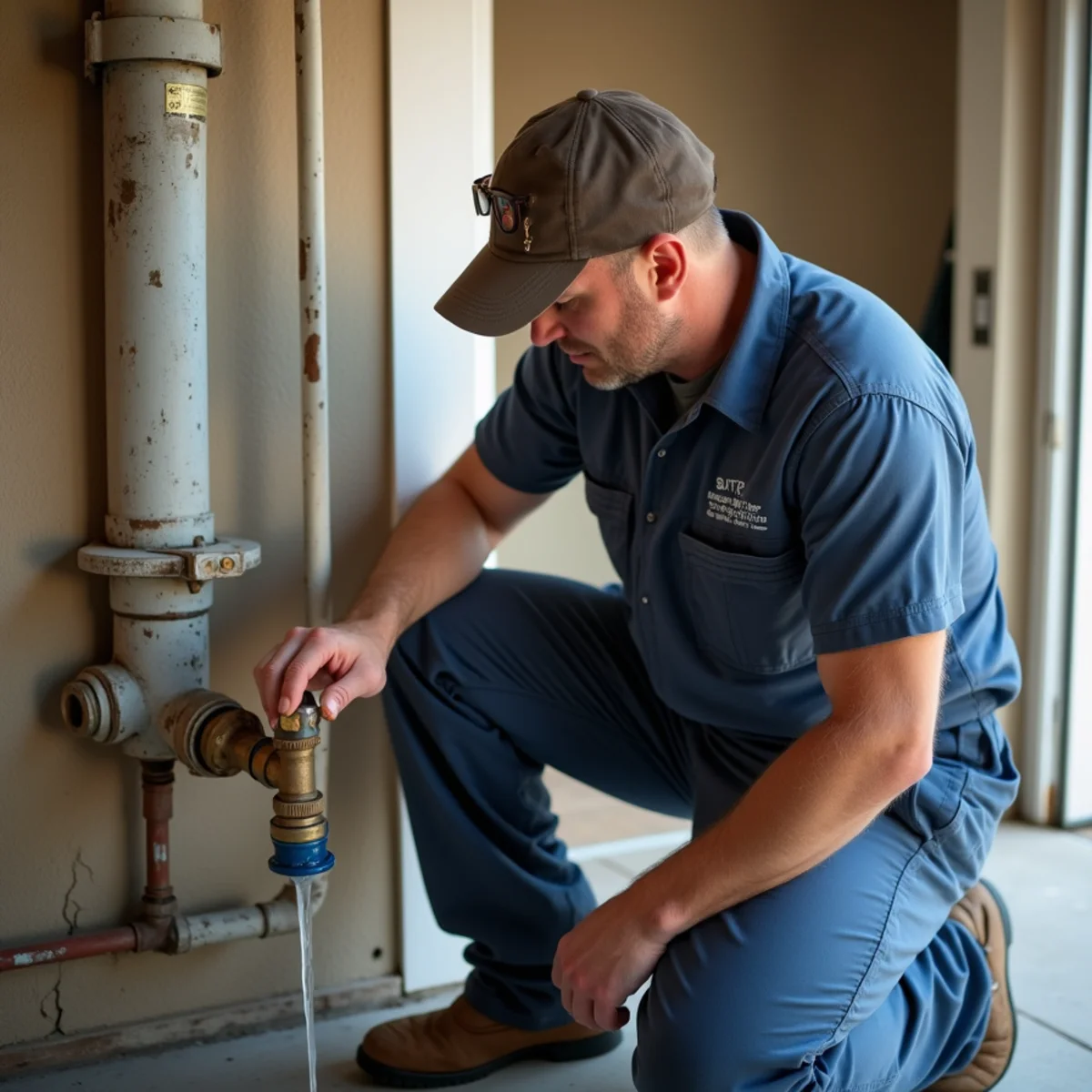 Homeowner kneeling to turn off a main water shutoff valve in a garage
