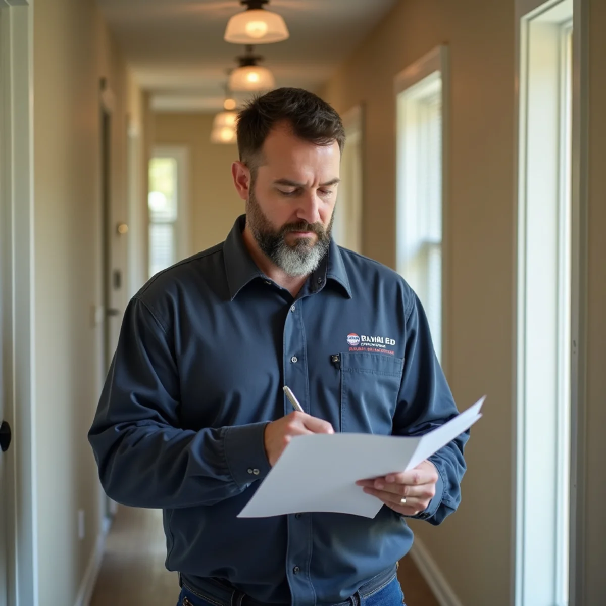 Property manager reviewing a water damage incident report inside a rental unit hallway