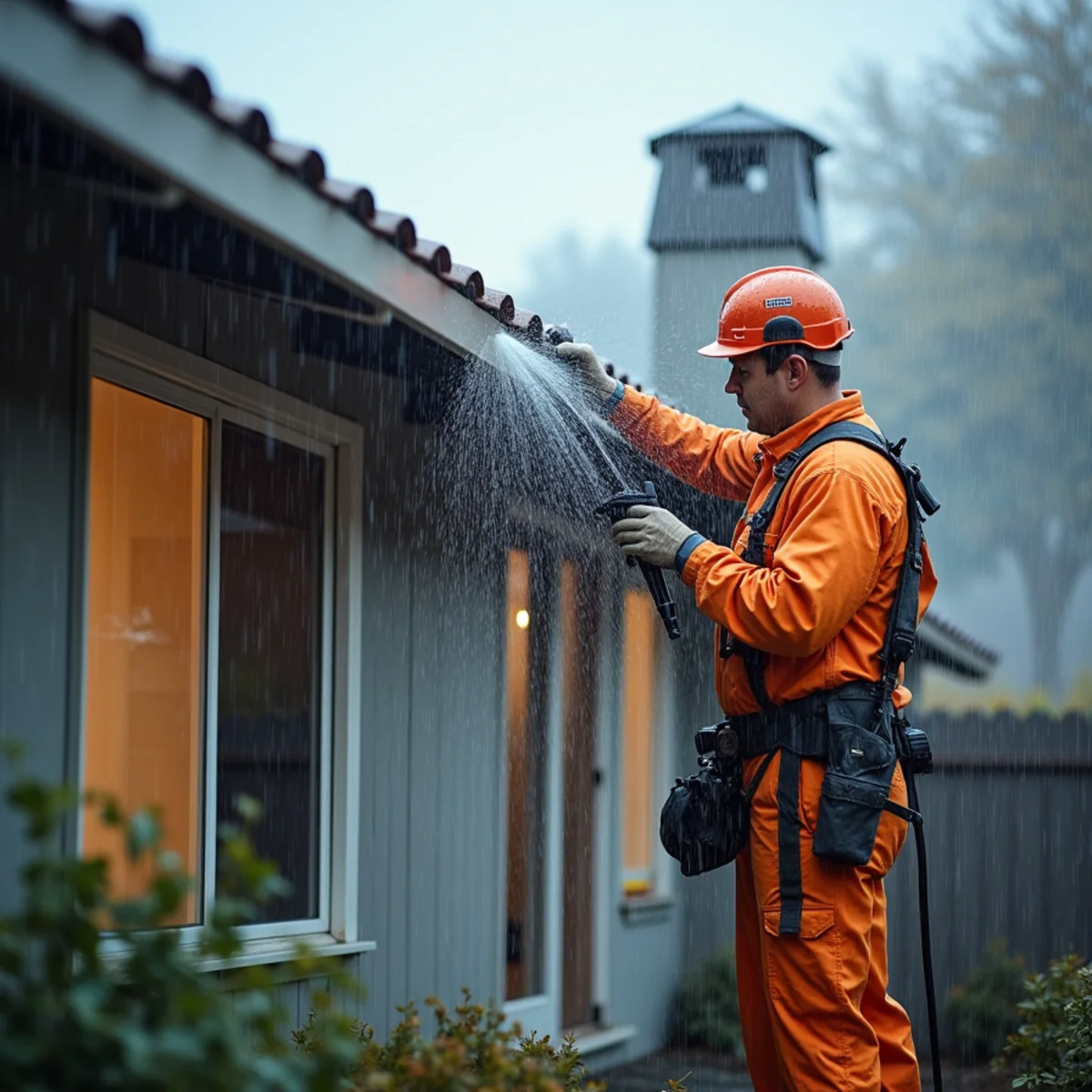 Rain pouring off a Roseville roofline near Cirby Creek during a winter storm
