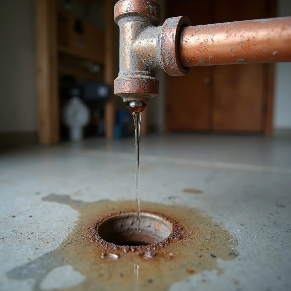 Corroded copper pipe with a pinhole leak dripping onto a Diamond Oaks garage floor