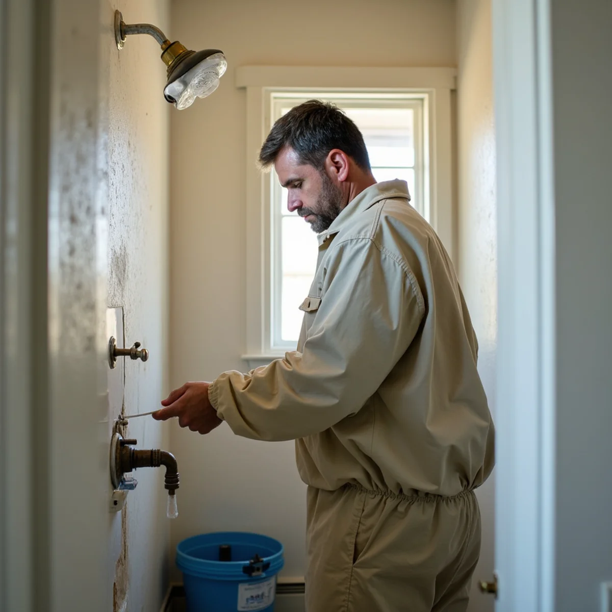 Technician in protective gear cleaning a shower after a sewage backup