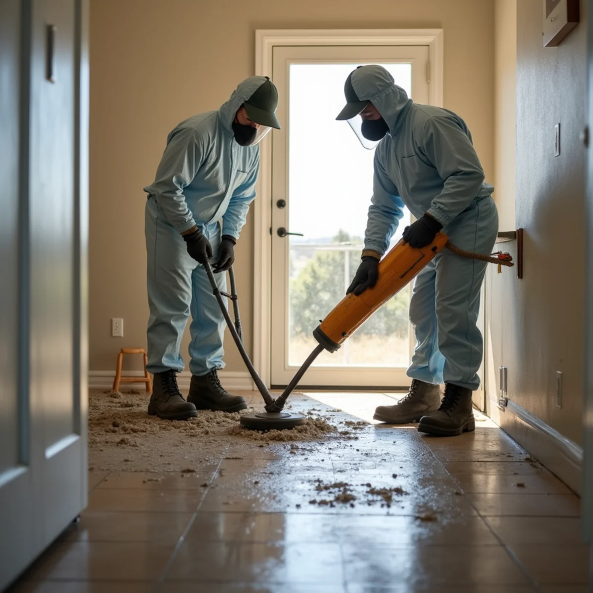 Restoration crew in protective gear removing contaminated flooring after a sewage backup in an Orangevale home