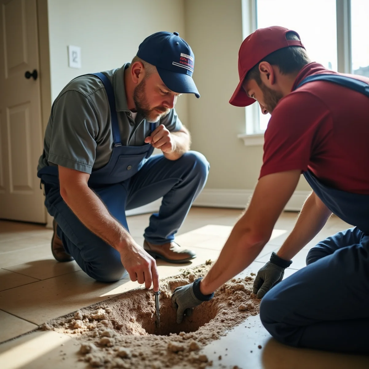 Plumber and restoration technician inspecting a cut section of slab after a pinhole leak in a Diamond Oaks home