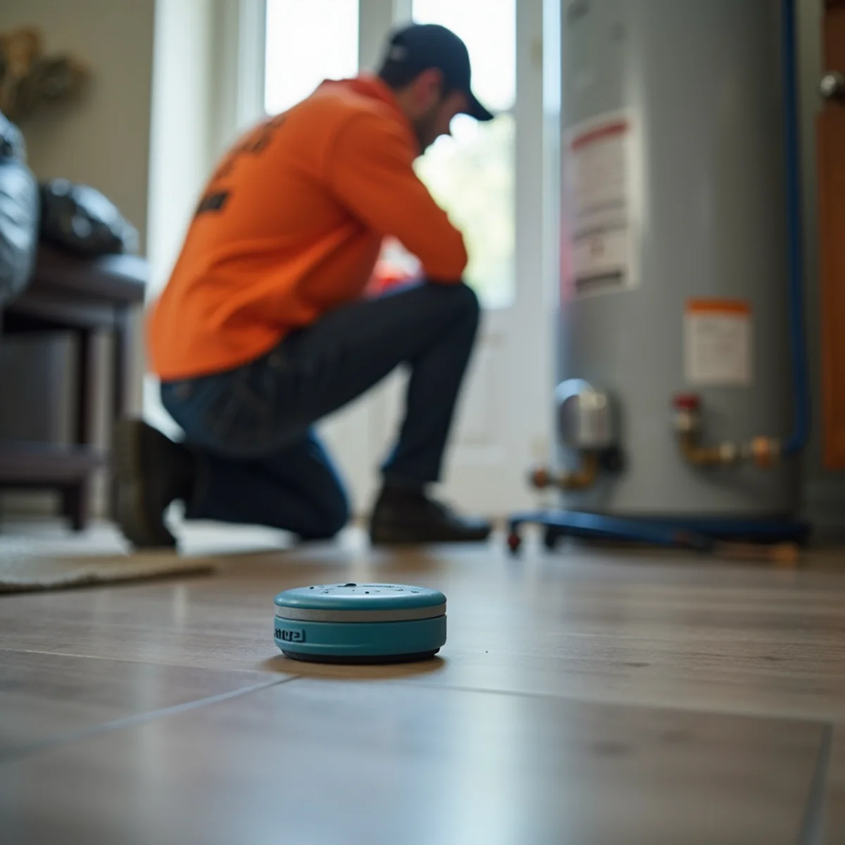 Small wifi-connected water leak sensor placed on the floor beside a water heater