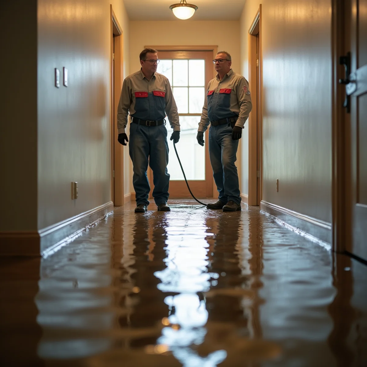 Standing water covering a hallway floor inside a flooded home
