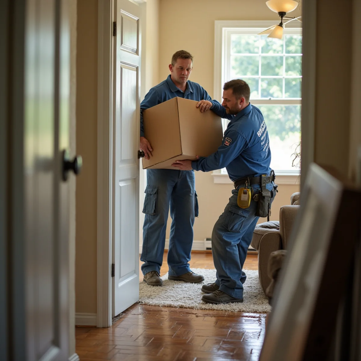 Restoration crew removing flood-damaged belongings from a Folsom home