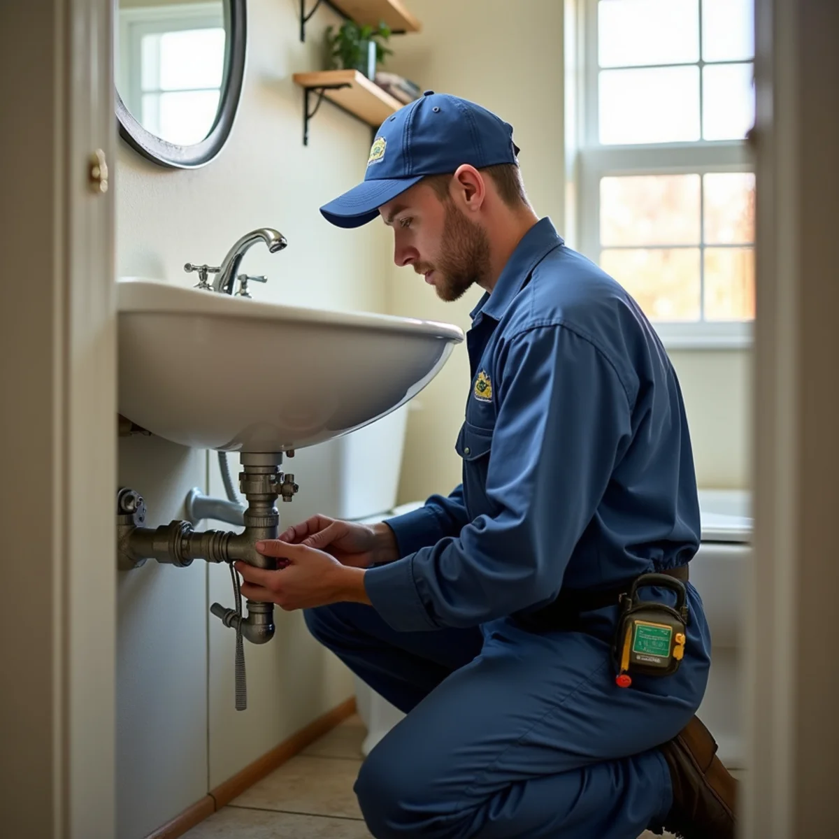 Homeowner checking a supply line valve under a bathroom sink for early signs of a leak