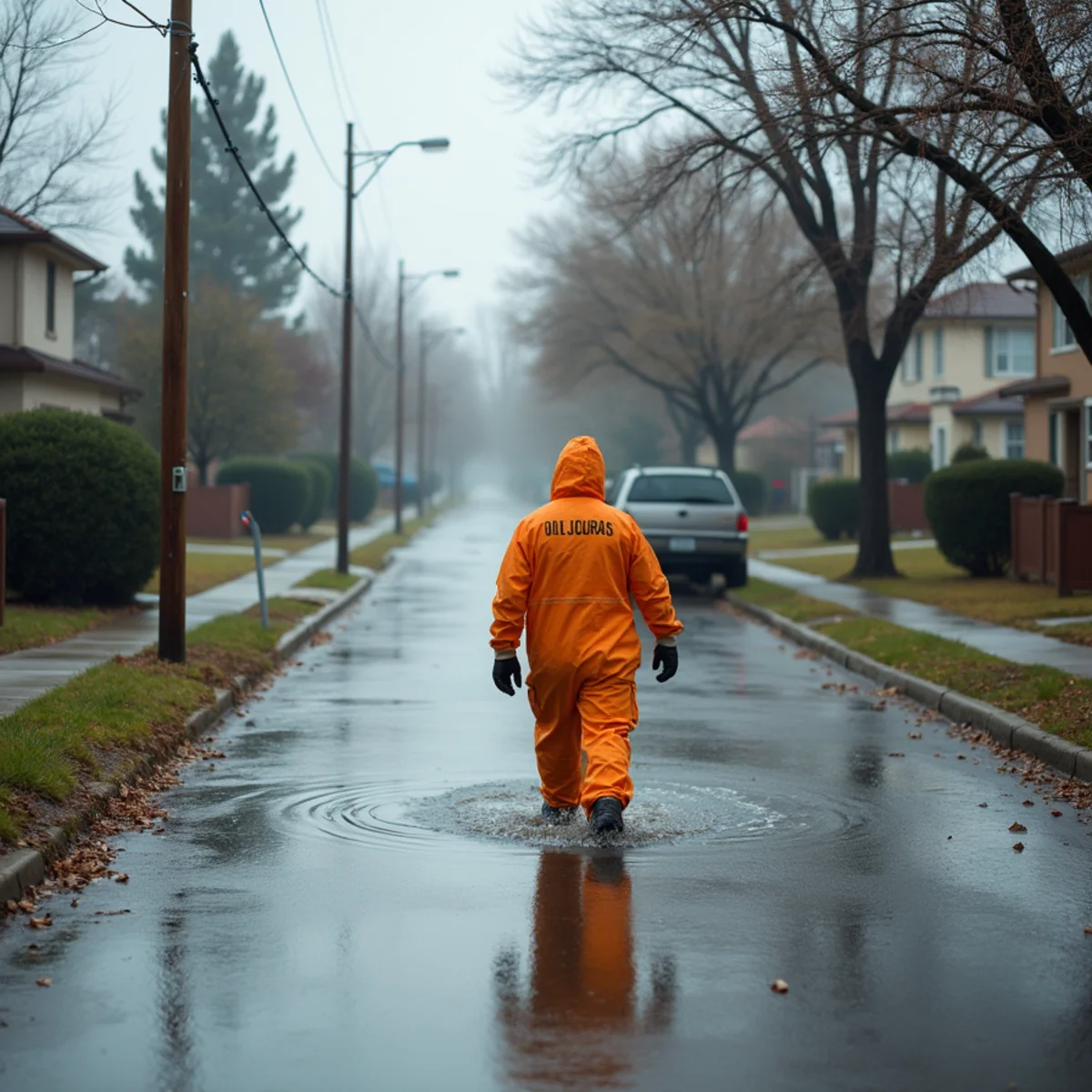Archival-style image of a flooded Placer County neighborhood street during a winter storm
