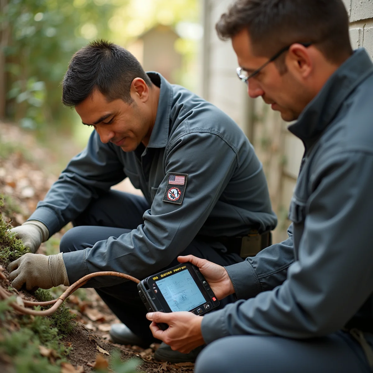 Sewer camera inspection showing tree root intrusion in a residential pipe