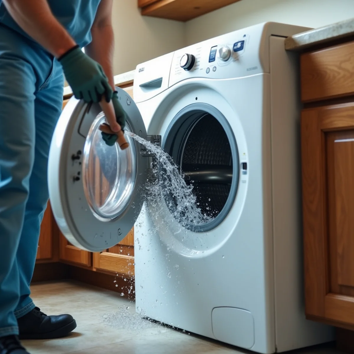 Burst rubber supply hose behind a washing machine with water spraying out