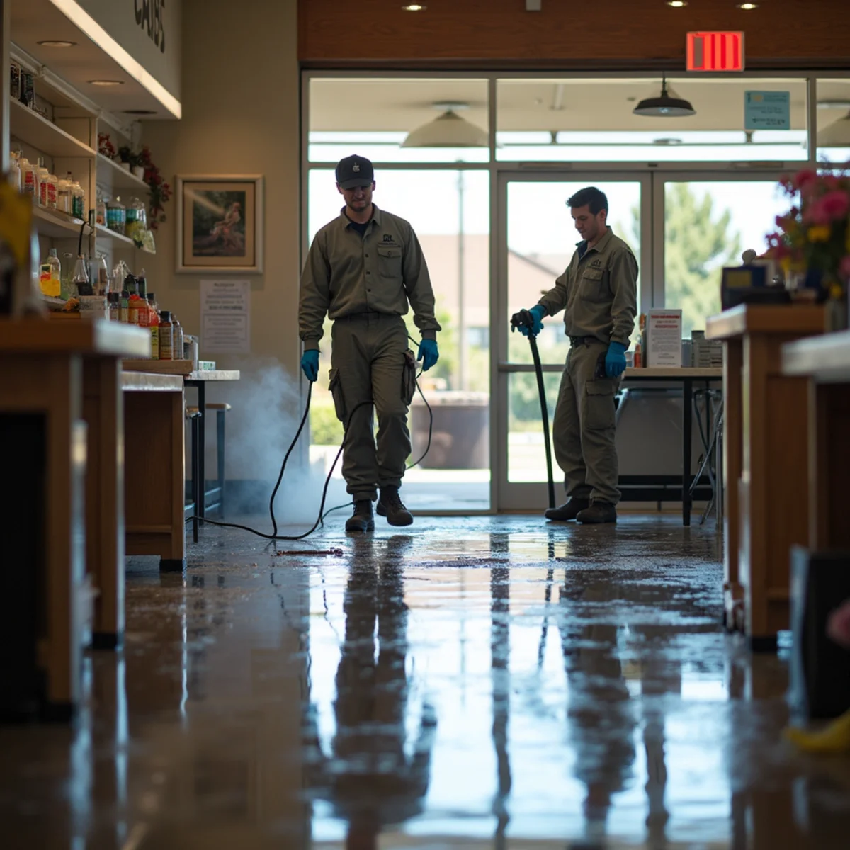Commercial restoration crew extracting water from a retail store floor near closing time