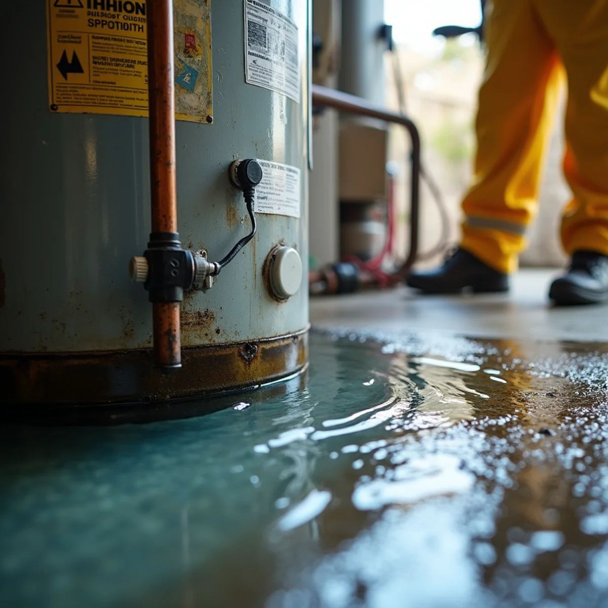 Water pooling around the base of a failed garage water heater