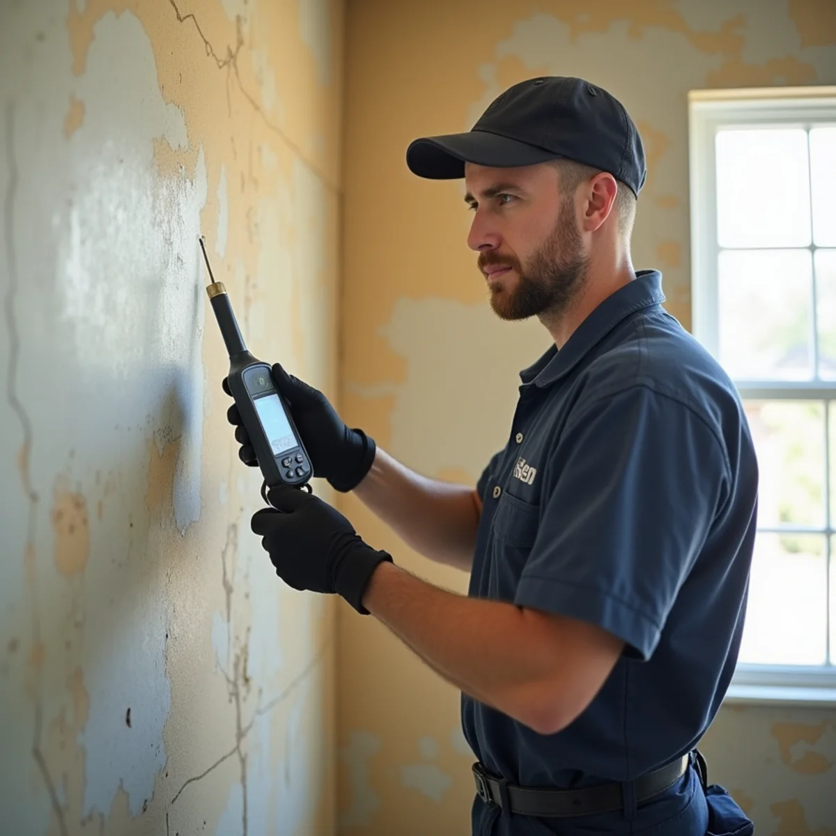 Technician holding a moisture meter against water-stained drywall