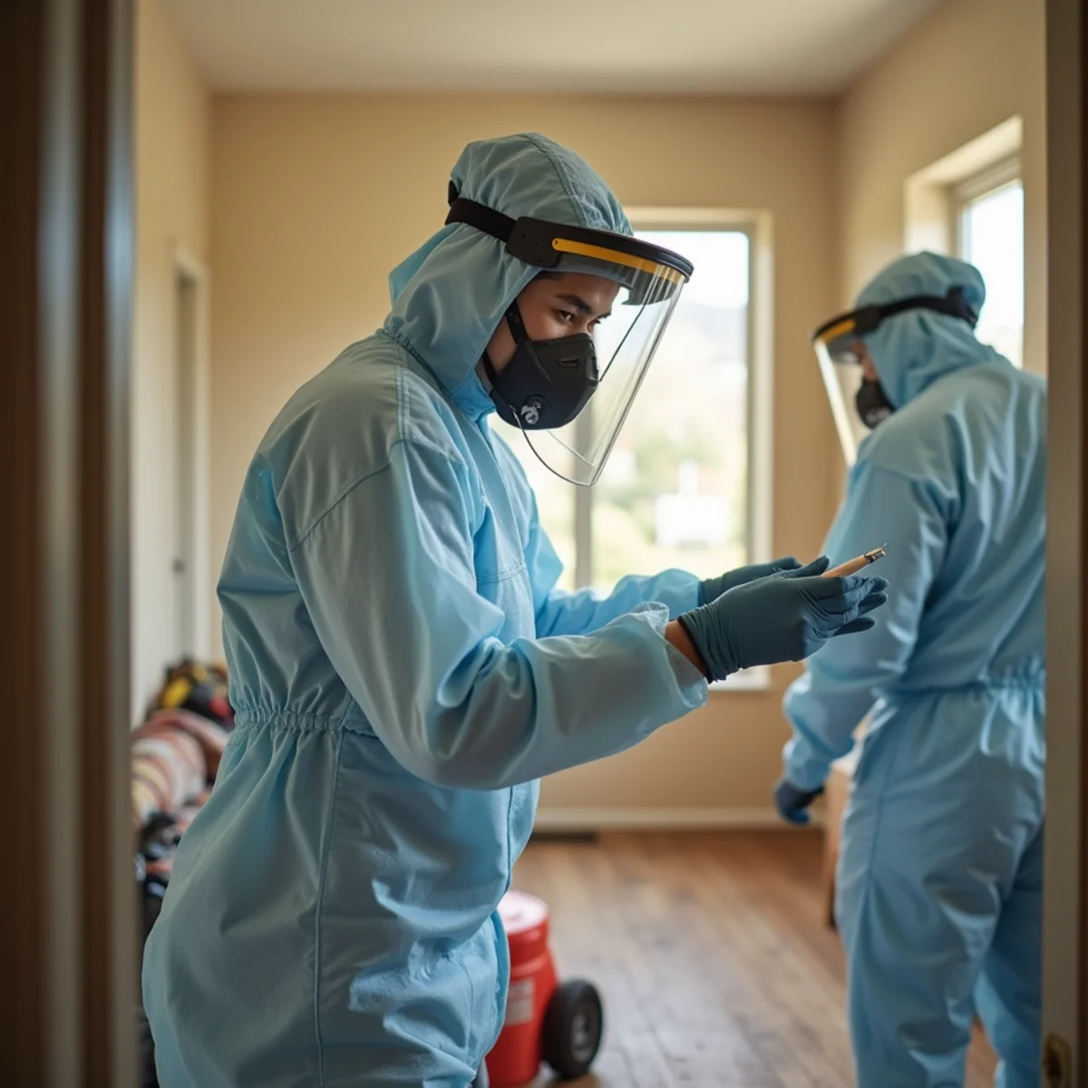 Technician in protective gear setting up containment for mold remediation in a Folsom home