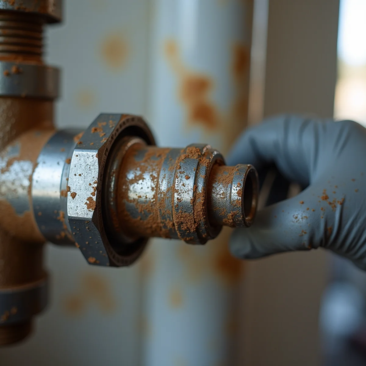 Close-up of a corroded washing machine supply hose fitting next to a new braided steel replacement