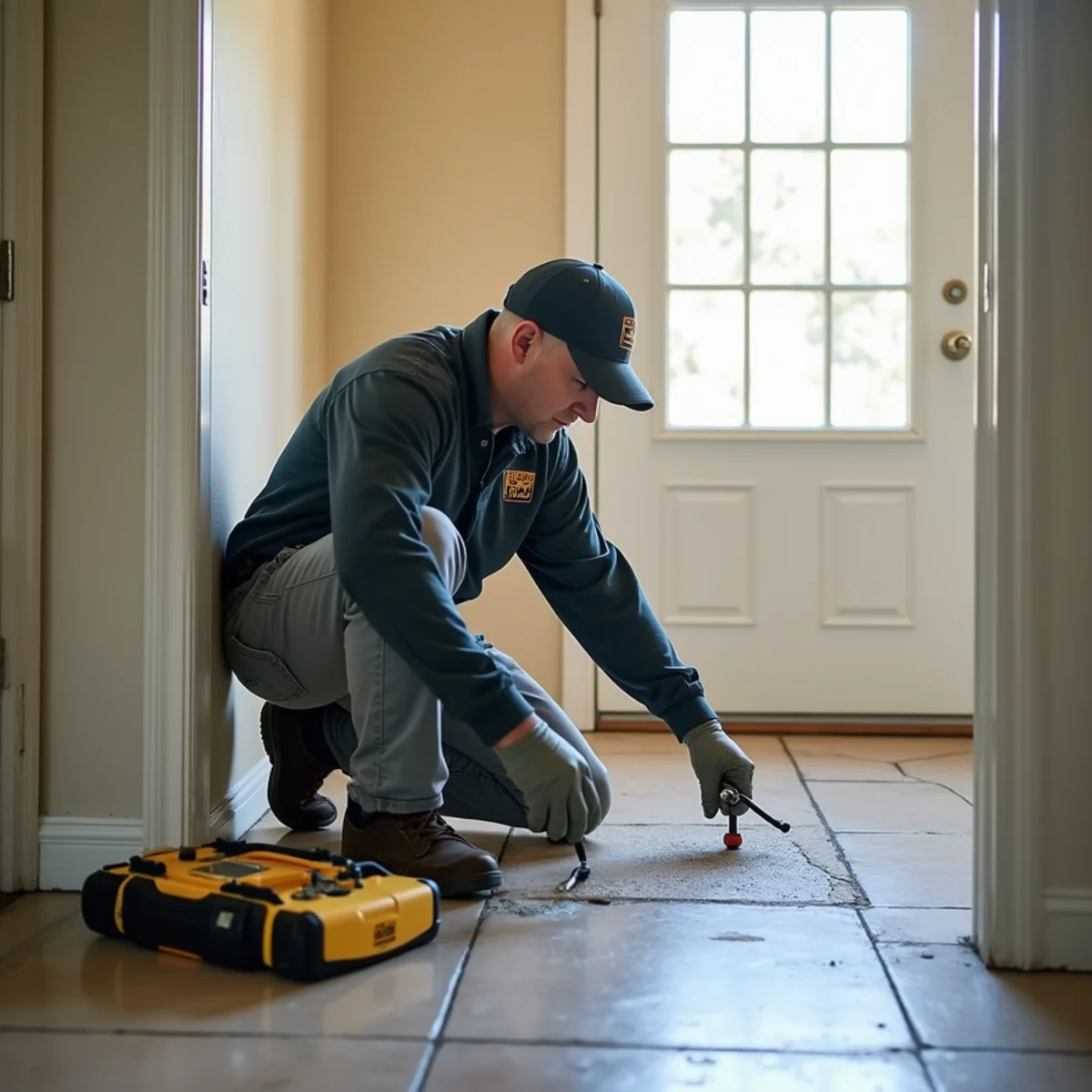Technician using leak-detection equipment on a slab floor in a Roseville tract home
