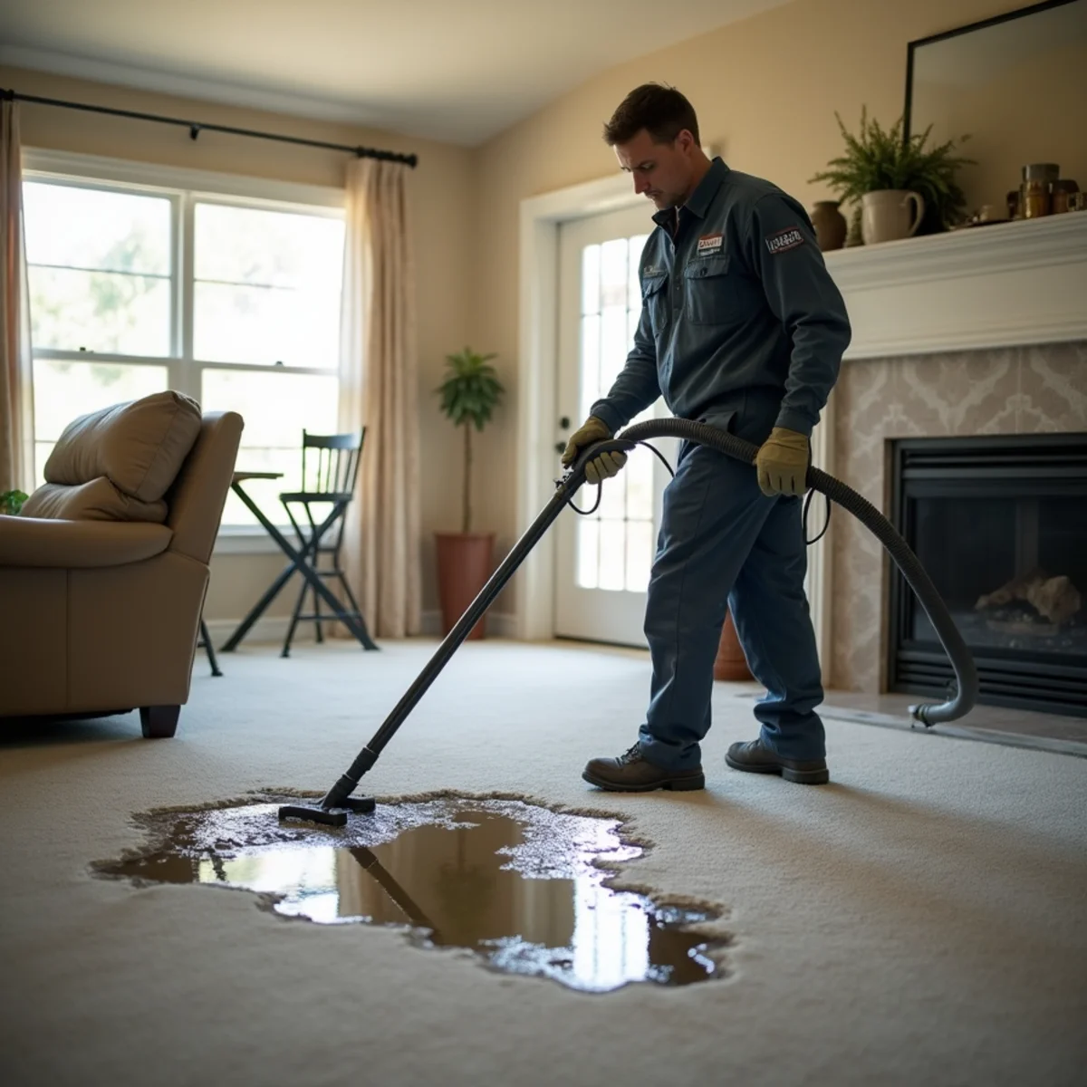 Technician running a truck-mount extraction wand across a soaked carpet