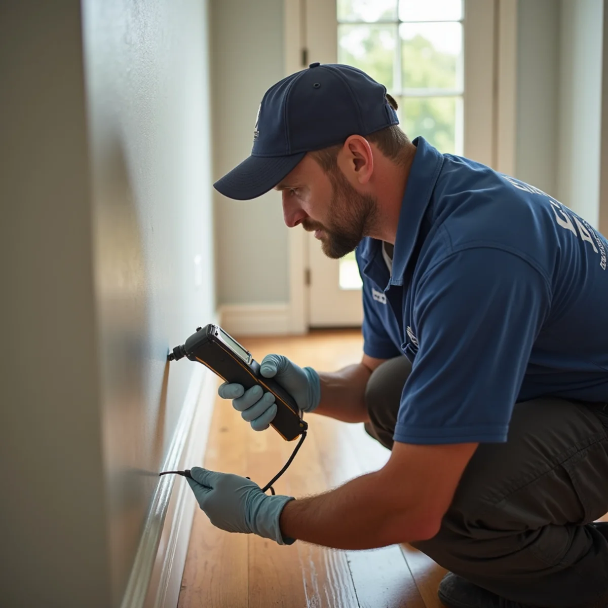 Technician using a moisture meter along a baseboard to trace a musty odor
