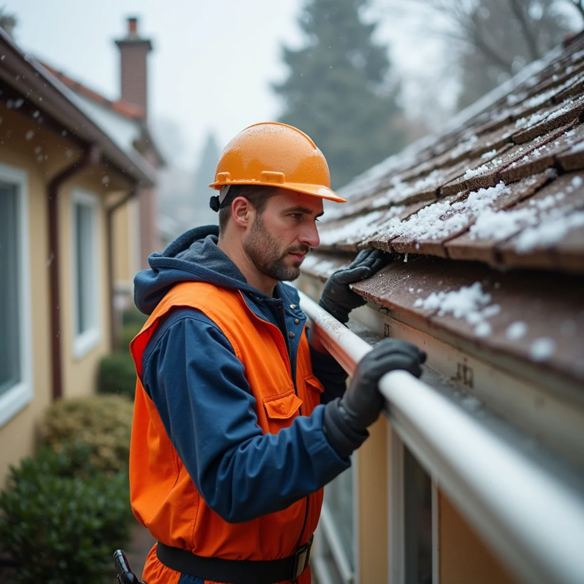 Homeowner clearing gutters and checking a downspout before a Sacramento Valley winter storm