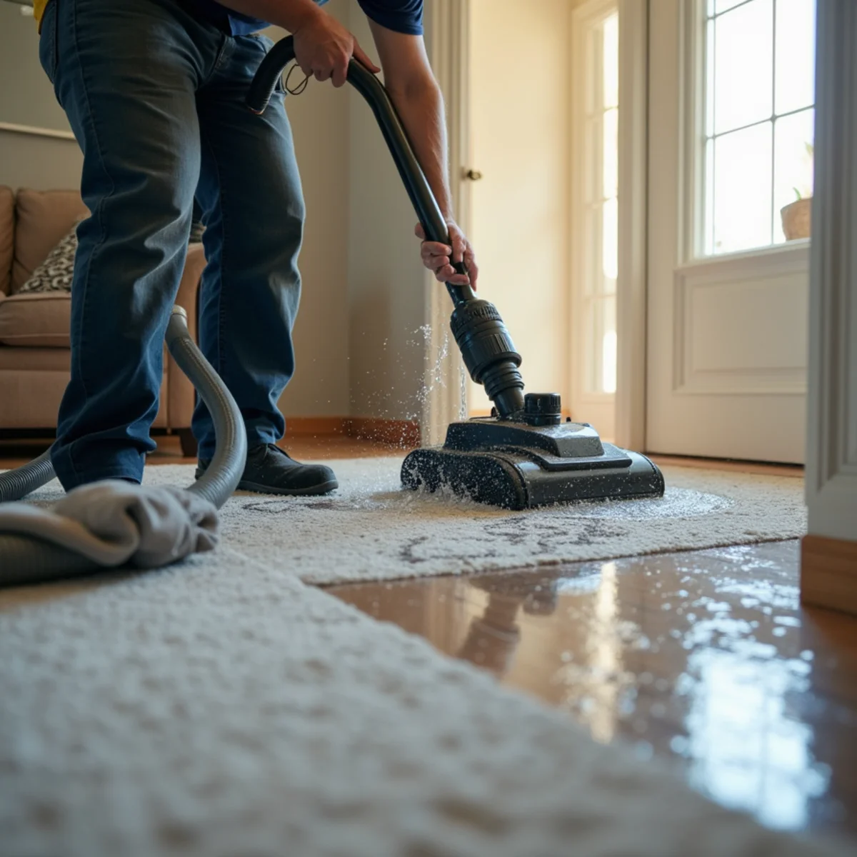A technician using a weighted extraction tool to pull water from a flooded carpet in a Roseville home