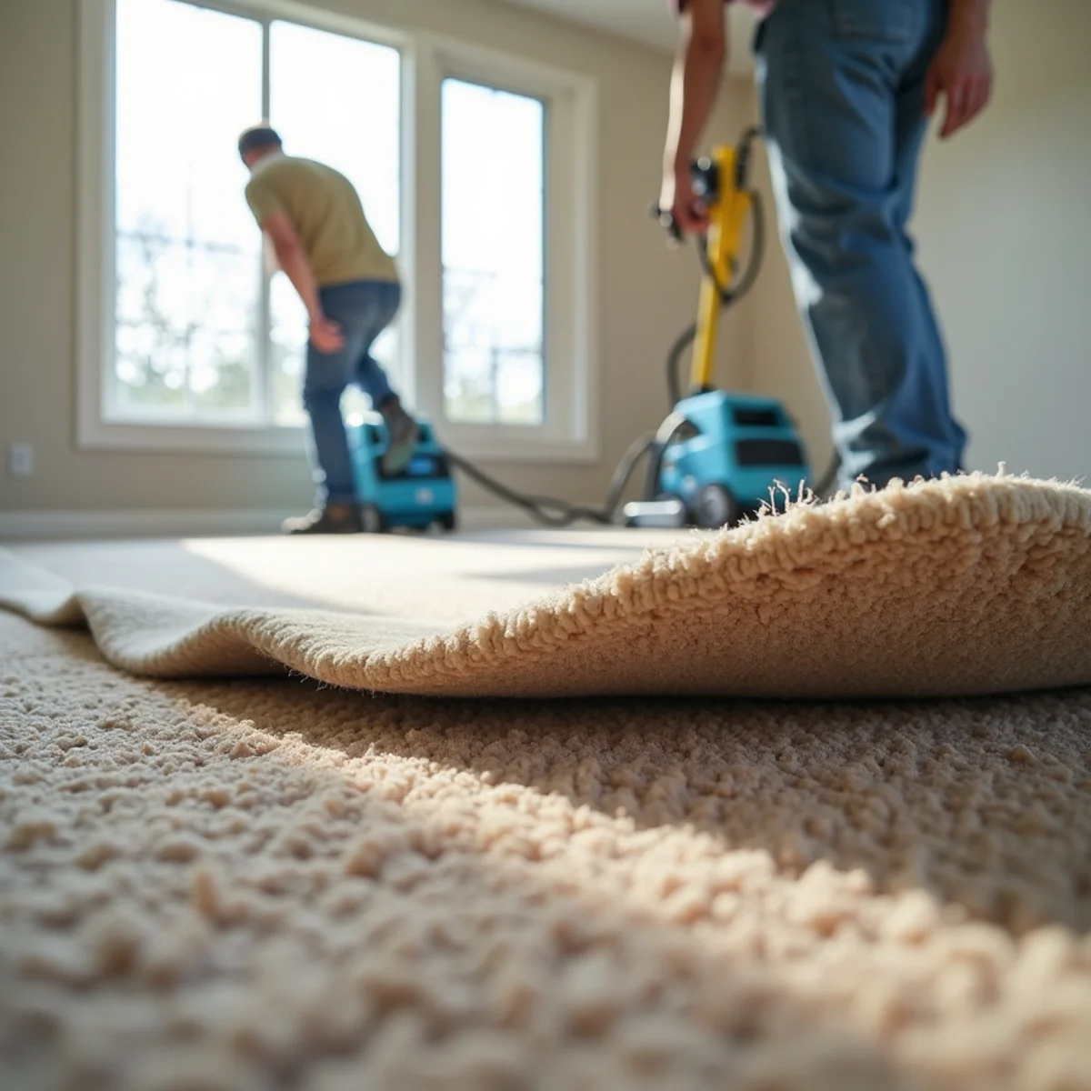 Carpet floated up over air movers to dry the backing and subfloor in a Roseville home