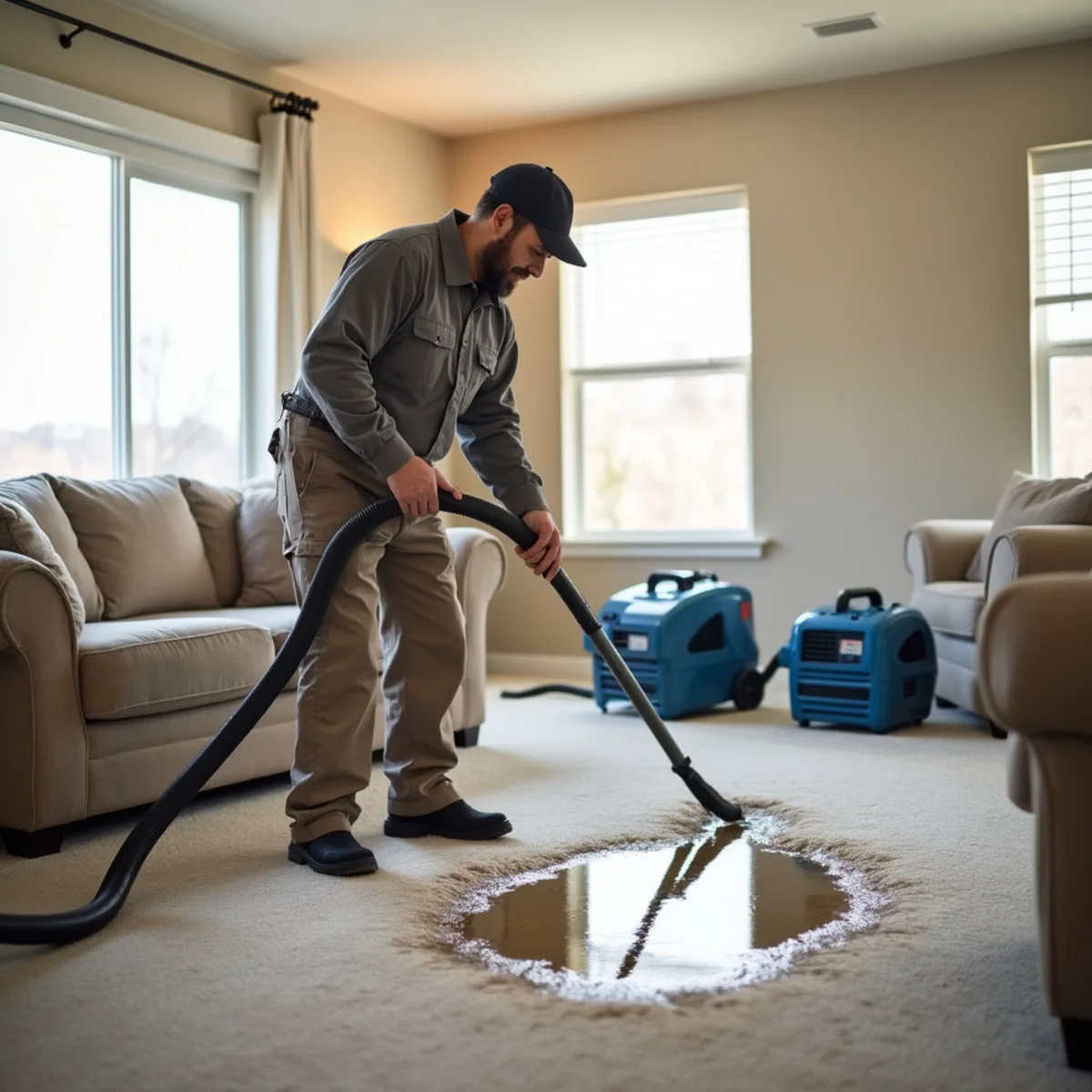 Water being extracted from a flooded carpet in a Roseville home