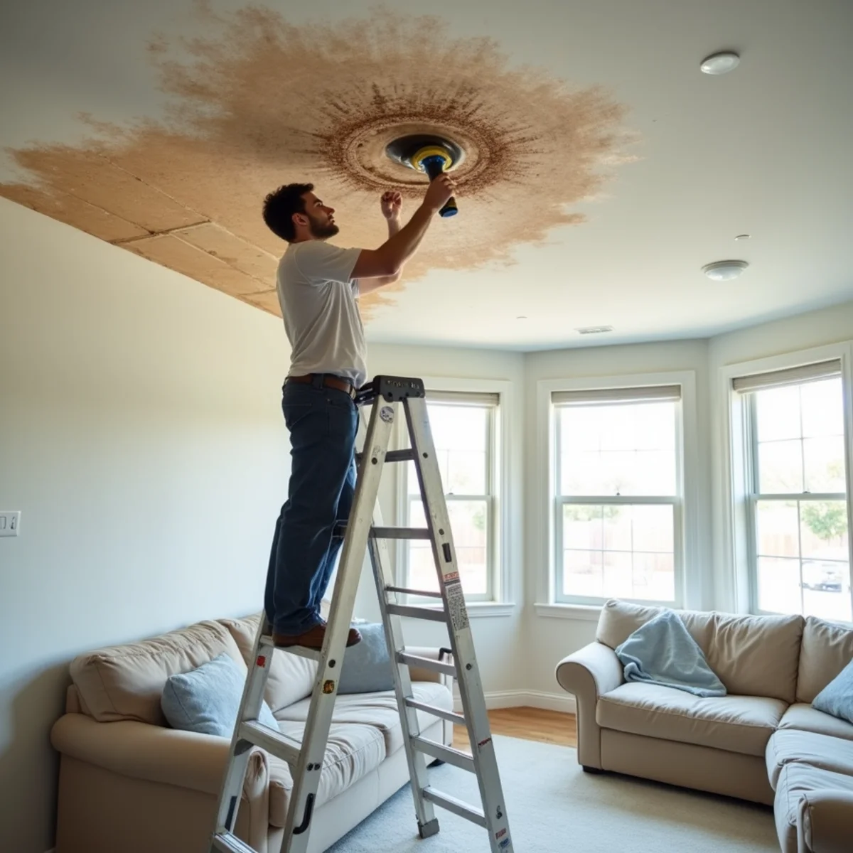 Water-stained ceiling being repaired in a Roseville home