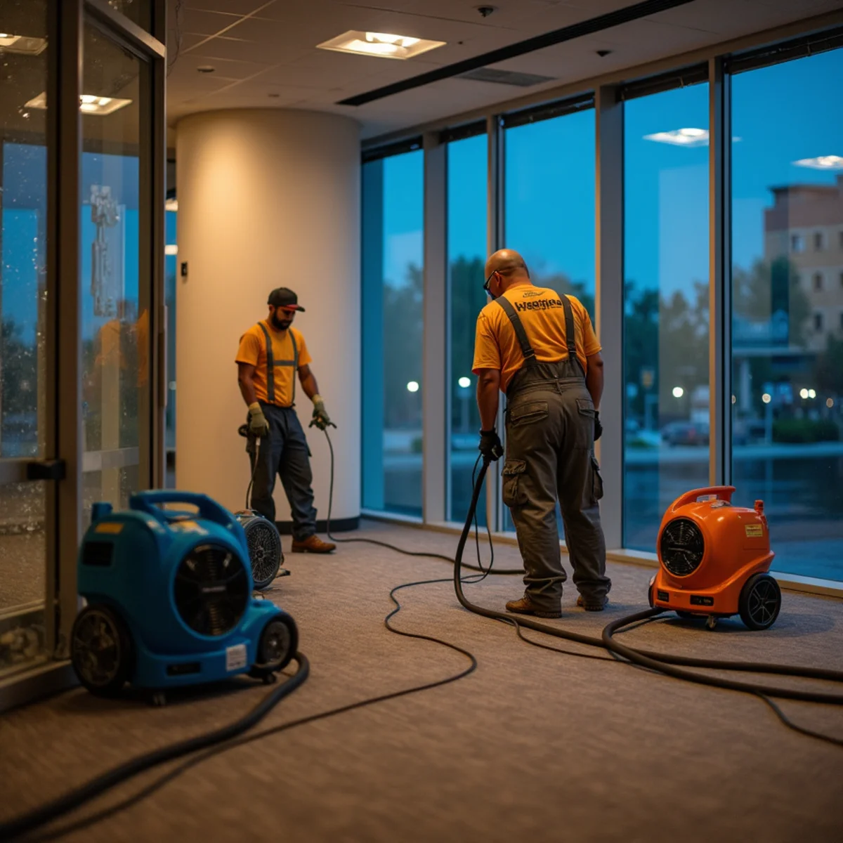 Commercial water damage restoration crew working in a Roseville retail space