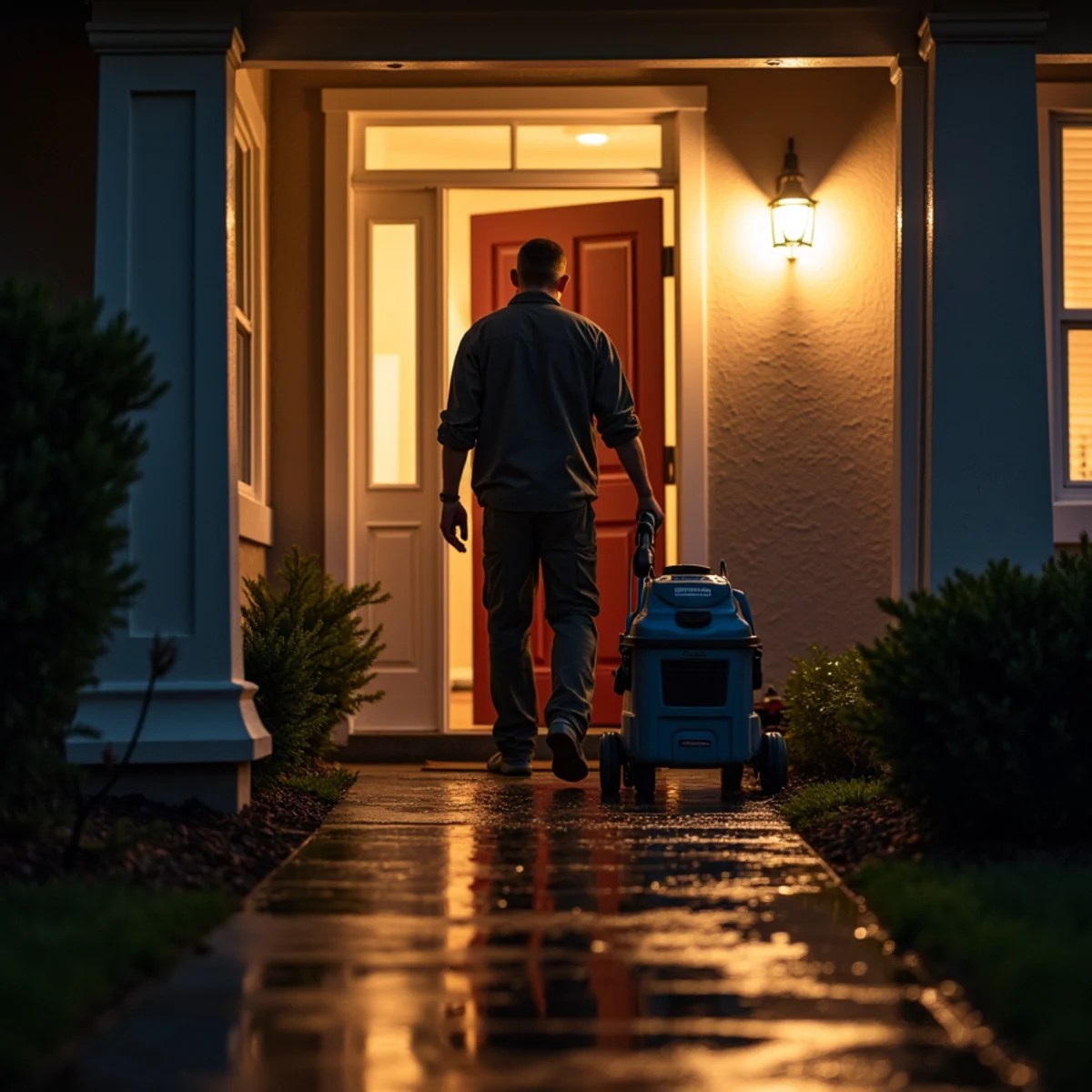 Emergency water removal crew responding to a Roseville home at night