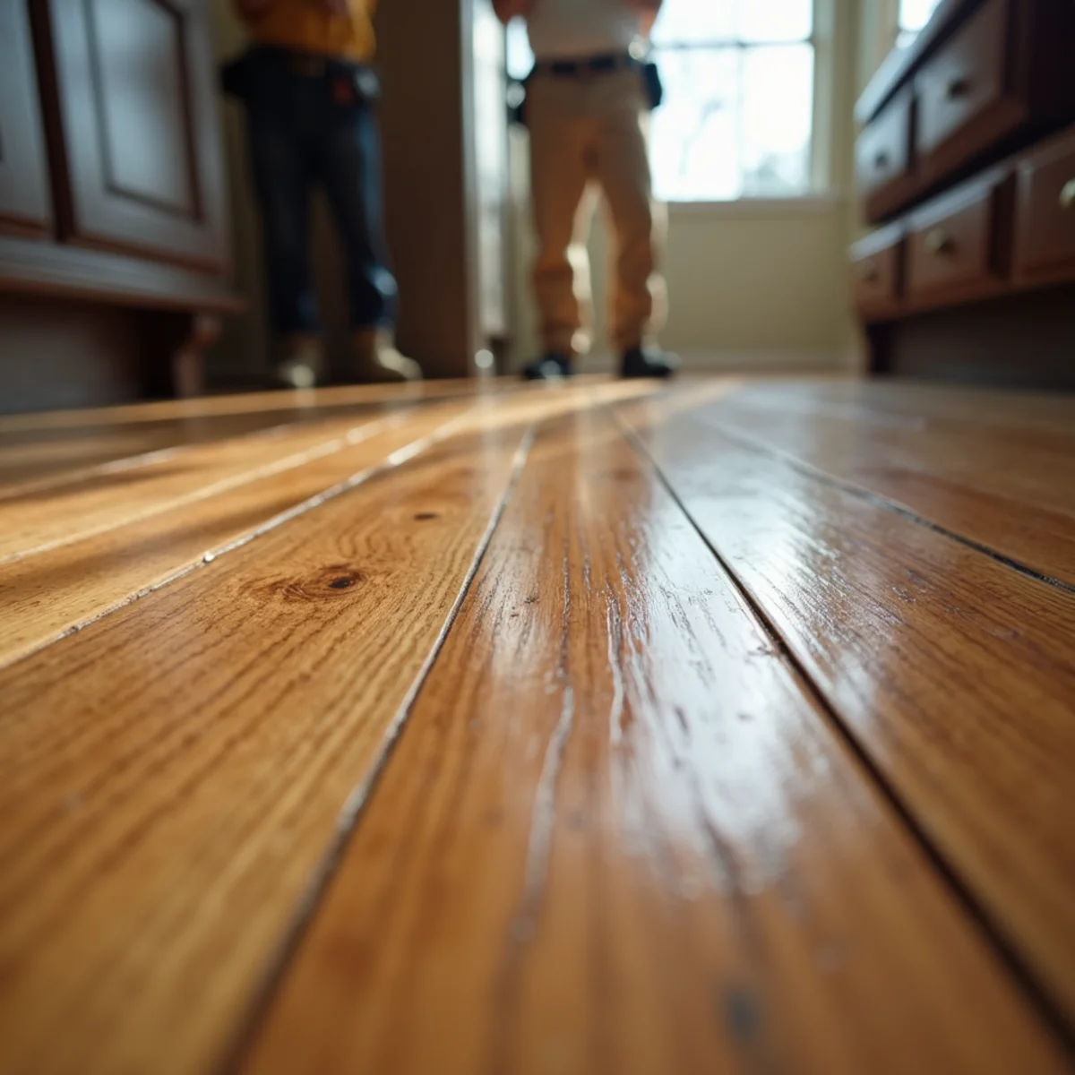 Close-up of a cupped hardwood floor where board edges have risen above the centers after water damage