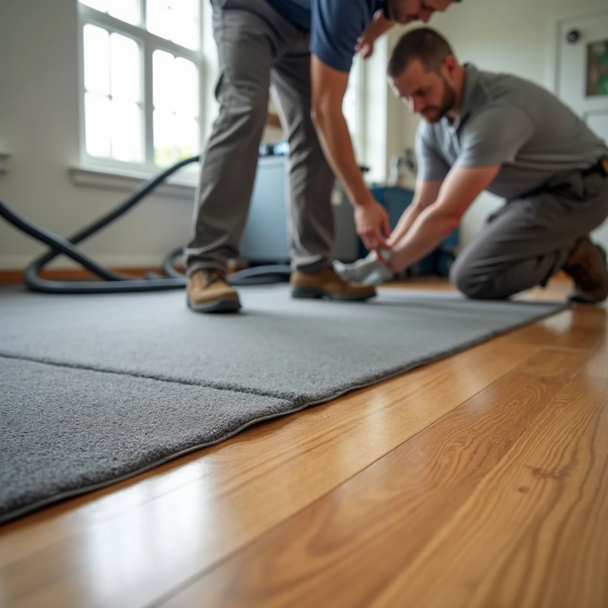 Floor-drying mat system sealed to a hardwood floor pulling moisture up through the boards in a Roseville home