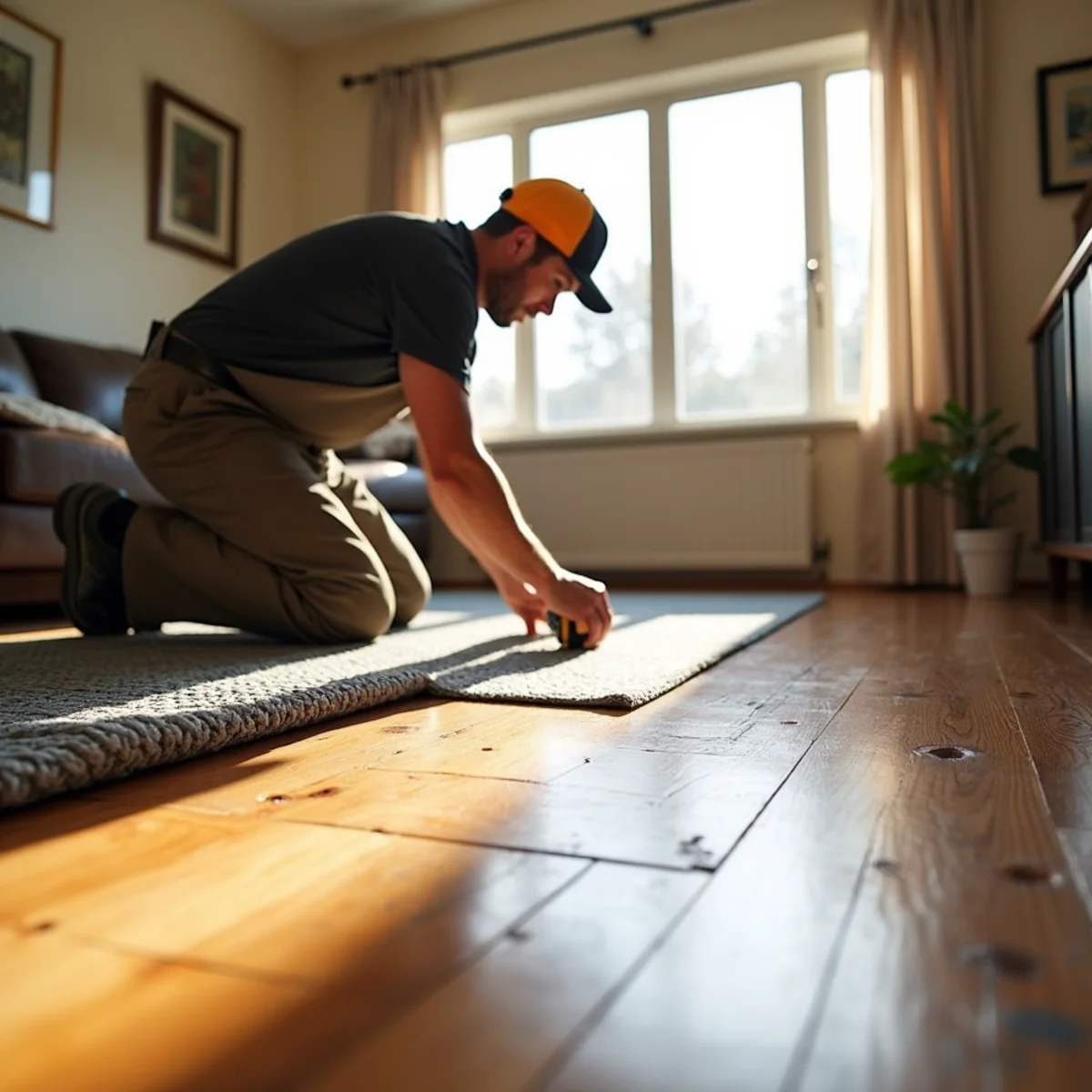 Specialized drying equipment set on a water-damaged hardwood floor in a Roseville home