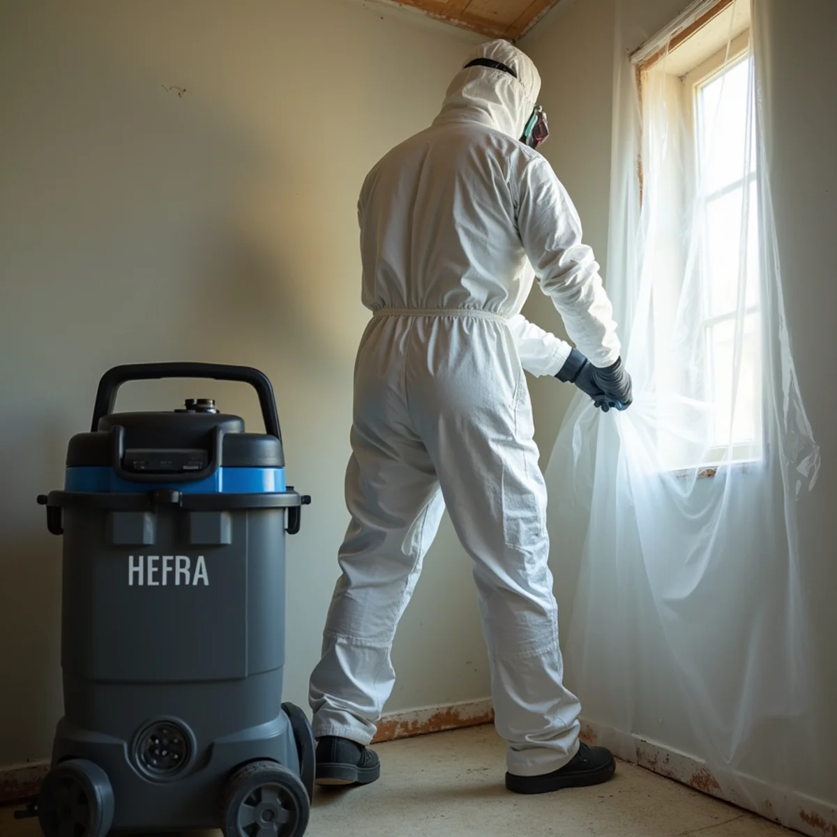 Mold remediation technician containing a work area in a Roseville home