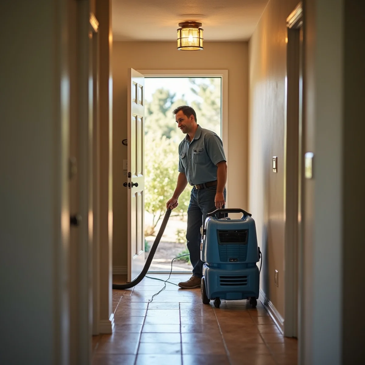 Water damage restoration crew inspecting a flooded Crocker Ranch townhome ceiling