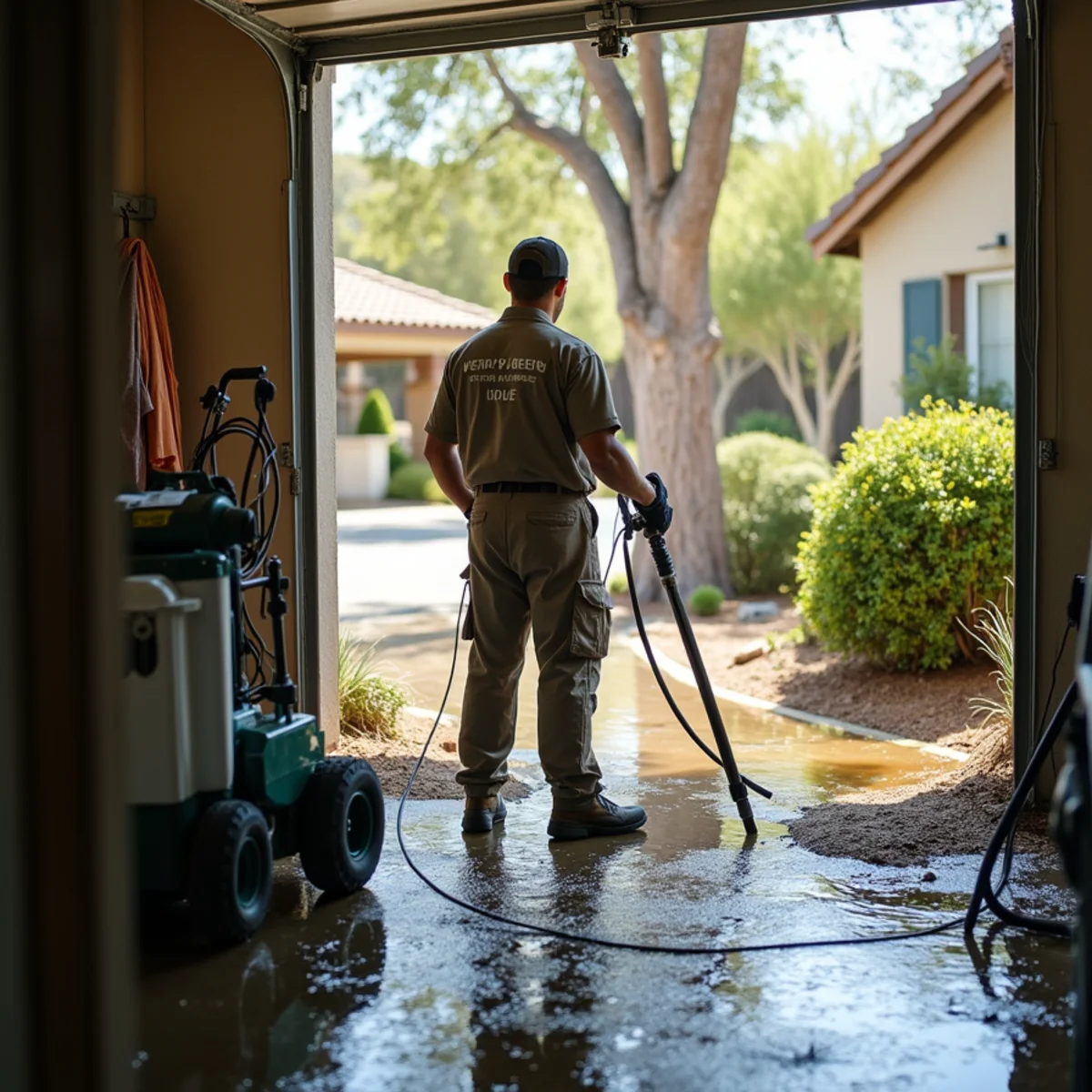 Water damage restoration crew drying a flooded Highland Reserve kitchen